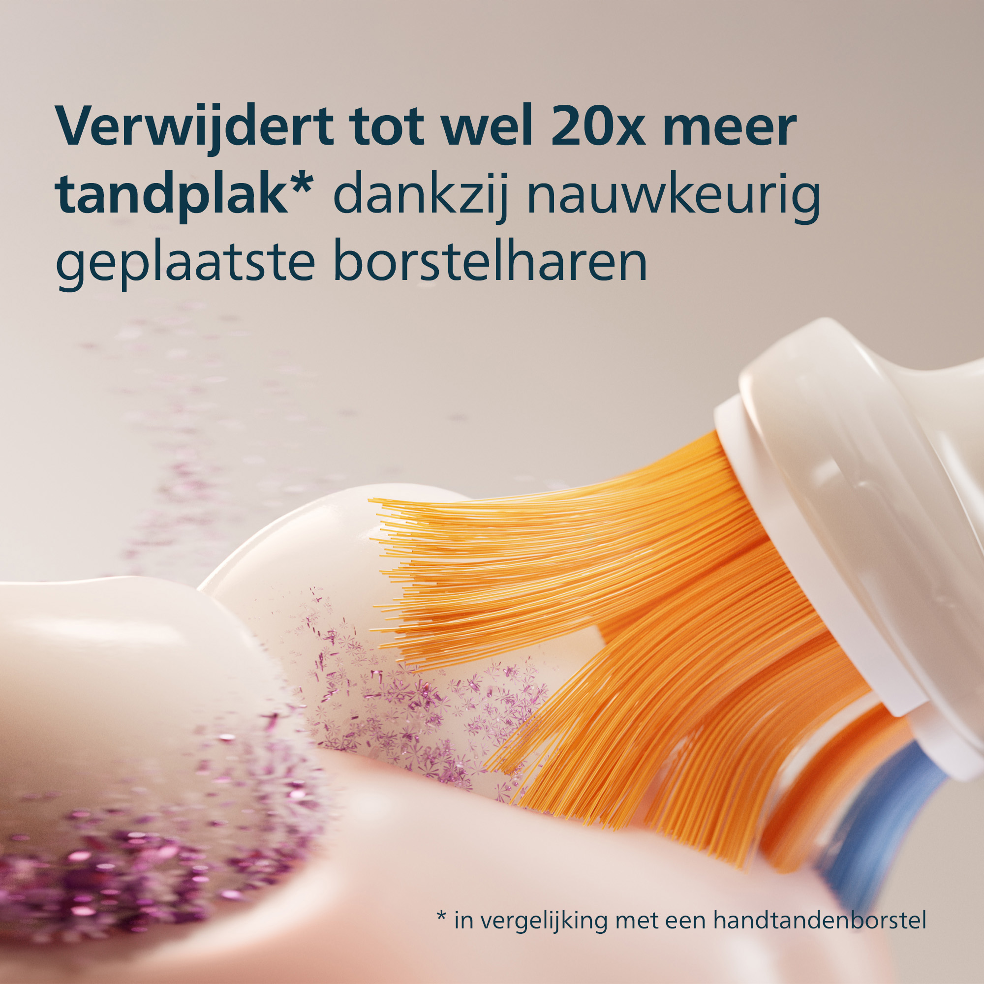 Close-up of a toothbrush with orange bristles removing plaque from a tooth. Text says it removes 20x more plaque.
