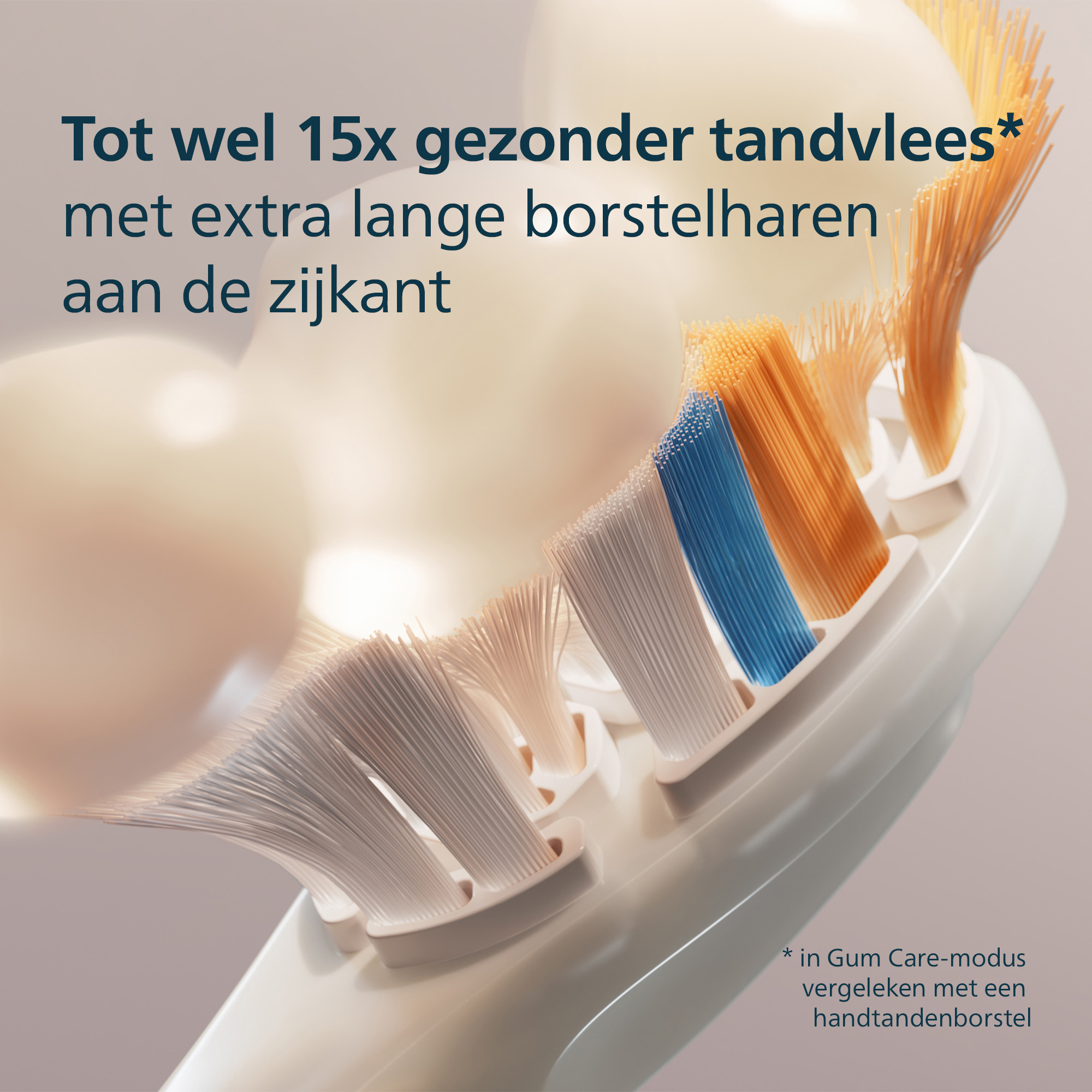 Close-up of a toothbrush head with white, blue, and orange bristles. Text overlay states health benefits.