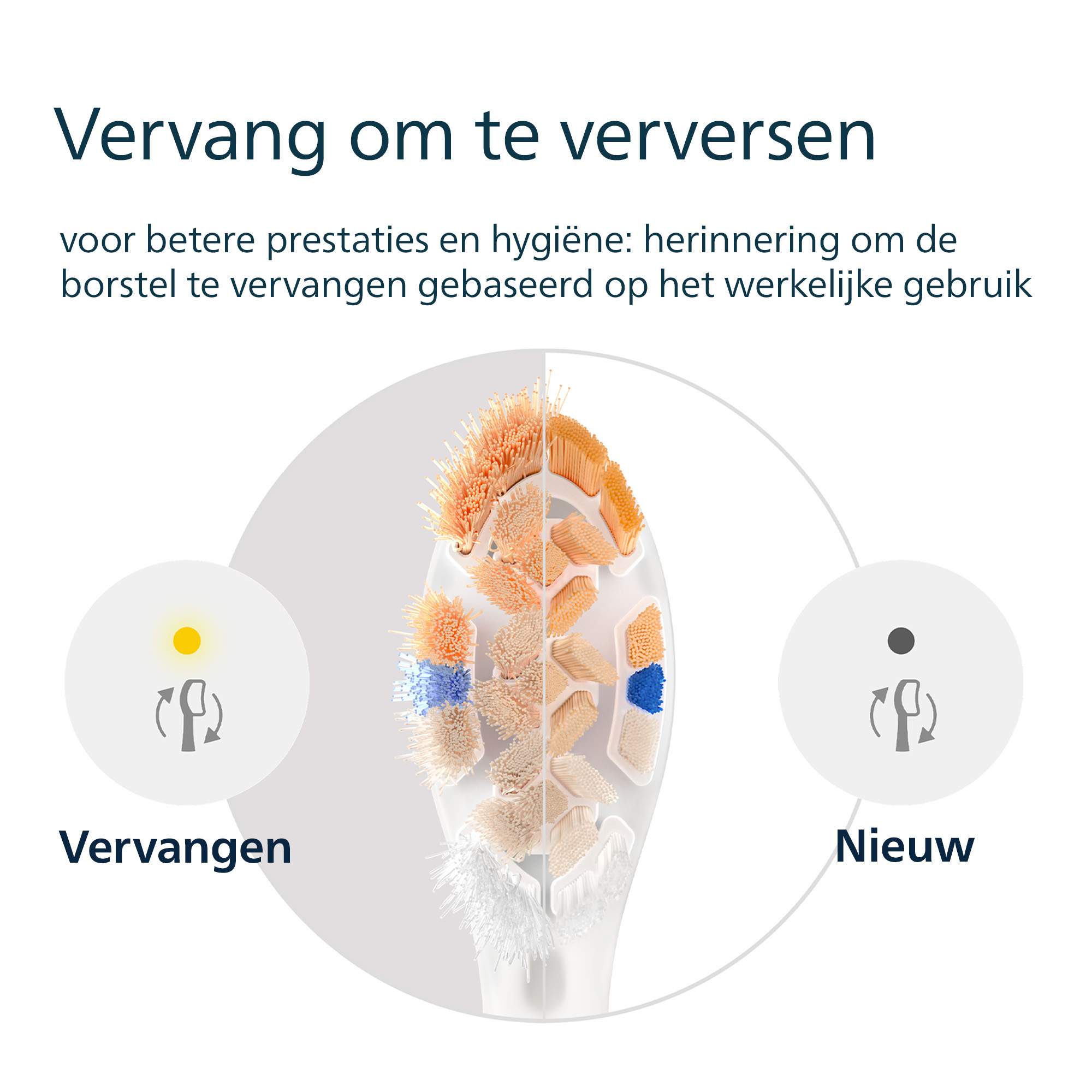 Image shows a toothbrush head, split to compare new vs. used. Text says 'Replace to refresh'.