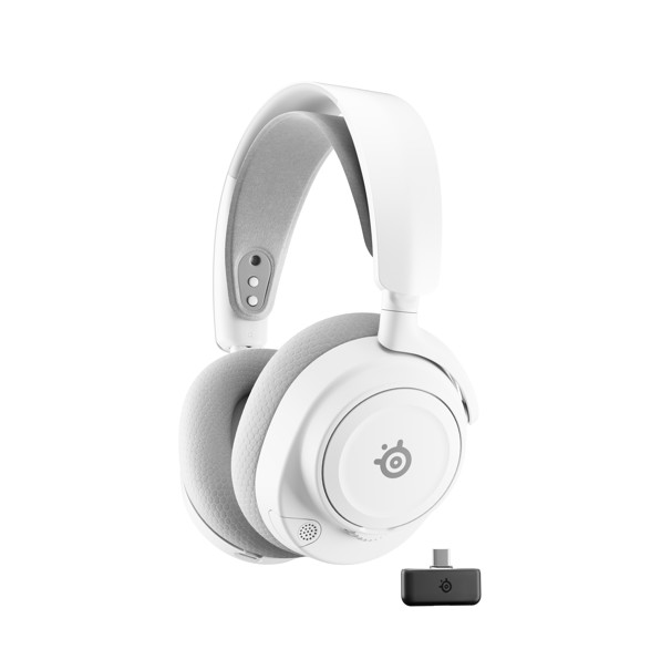 Gri kulak pedleri ve kafa bandına sahip beyaz oyun kulaklığı. Siyah bir USB alıcısı içerir. SteelSeries logosu görünür.