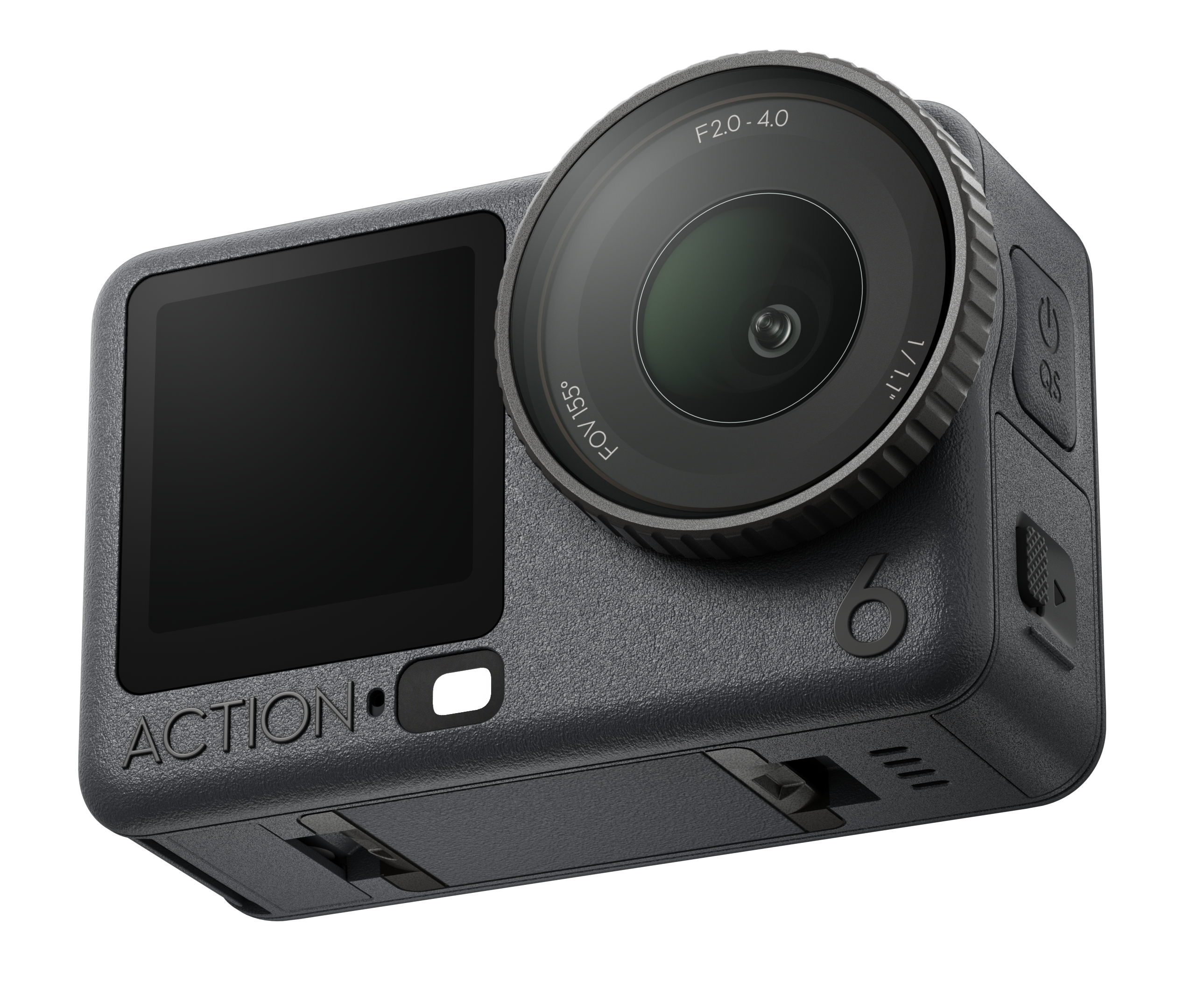 Czarna kamera sportowa z obiektywem, ekranem i przyciskami. Ma napis ACTION.