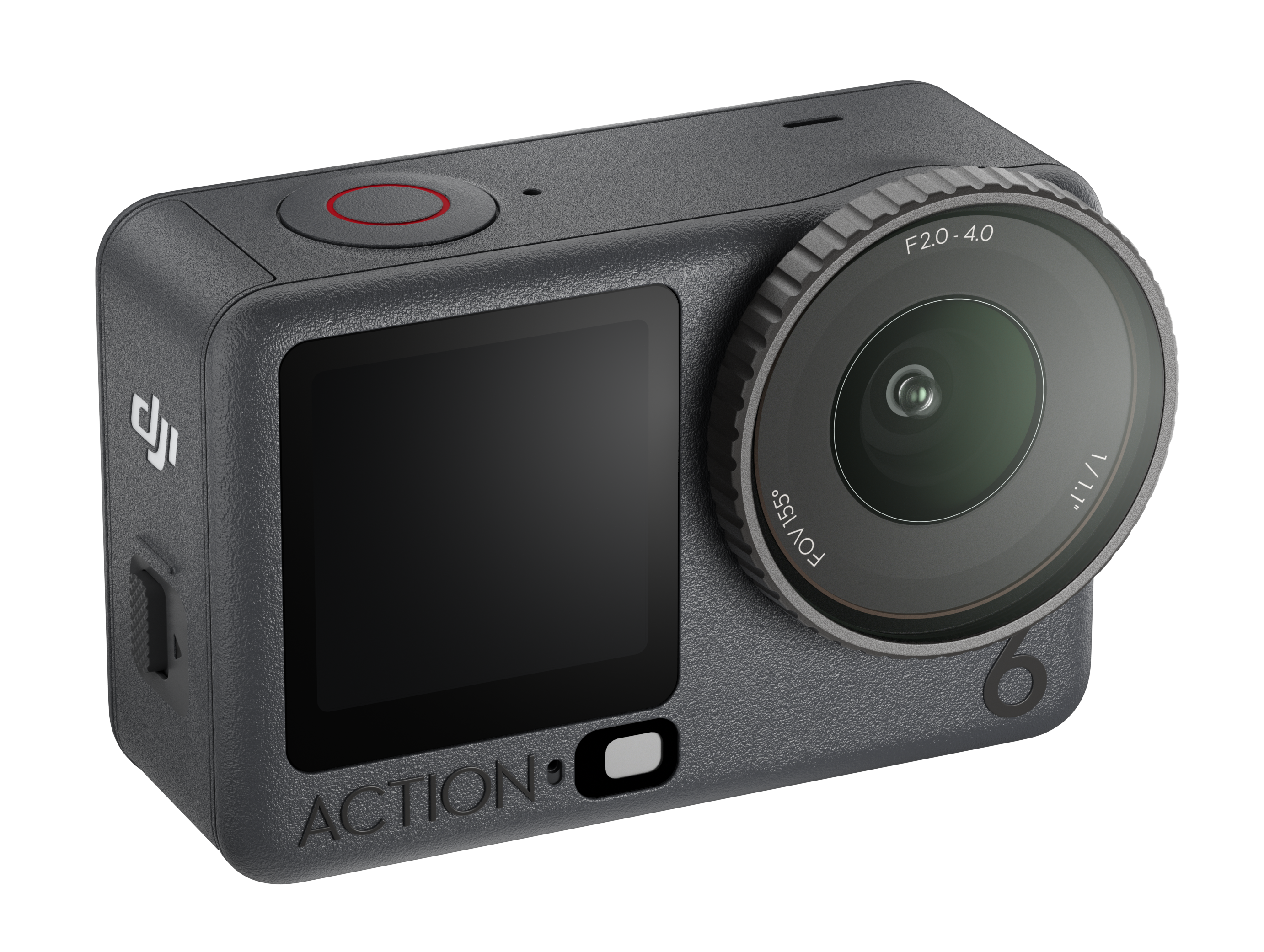 Szara kamera sportowa z obiektywem, ekranem i czerwonym przyciskiem na górze. Z przodu napis 'ACTION'.