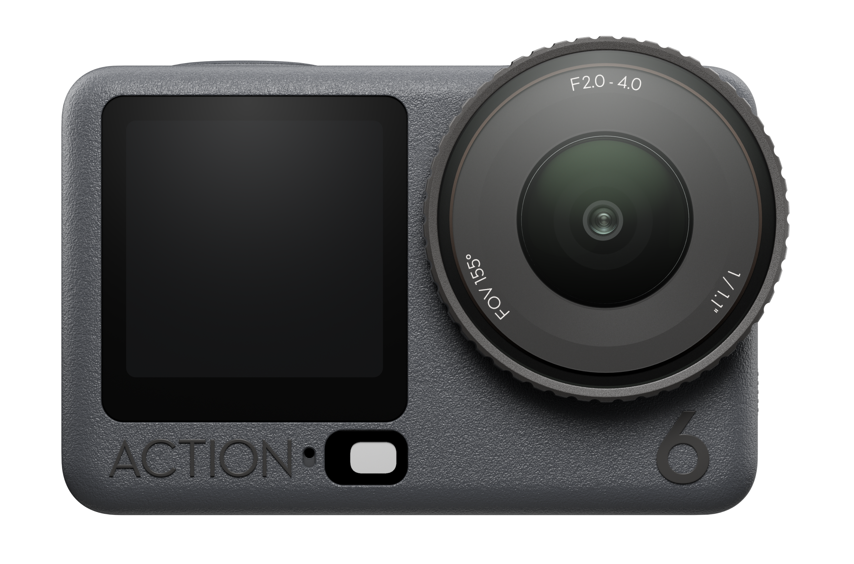 Szara kamera sportowa z czarnym ekranem i dużym obiektywem. Obiektyw ma oznaczenia, w tym F2.0-4.0 i 1/1.7".