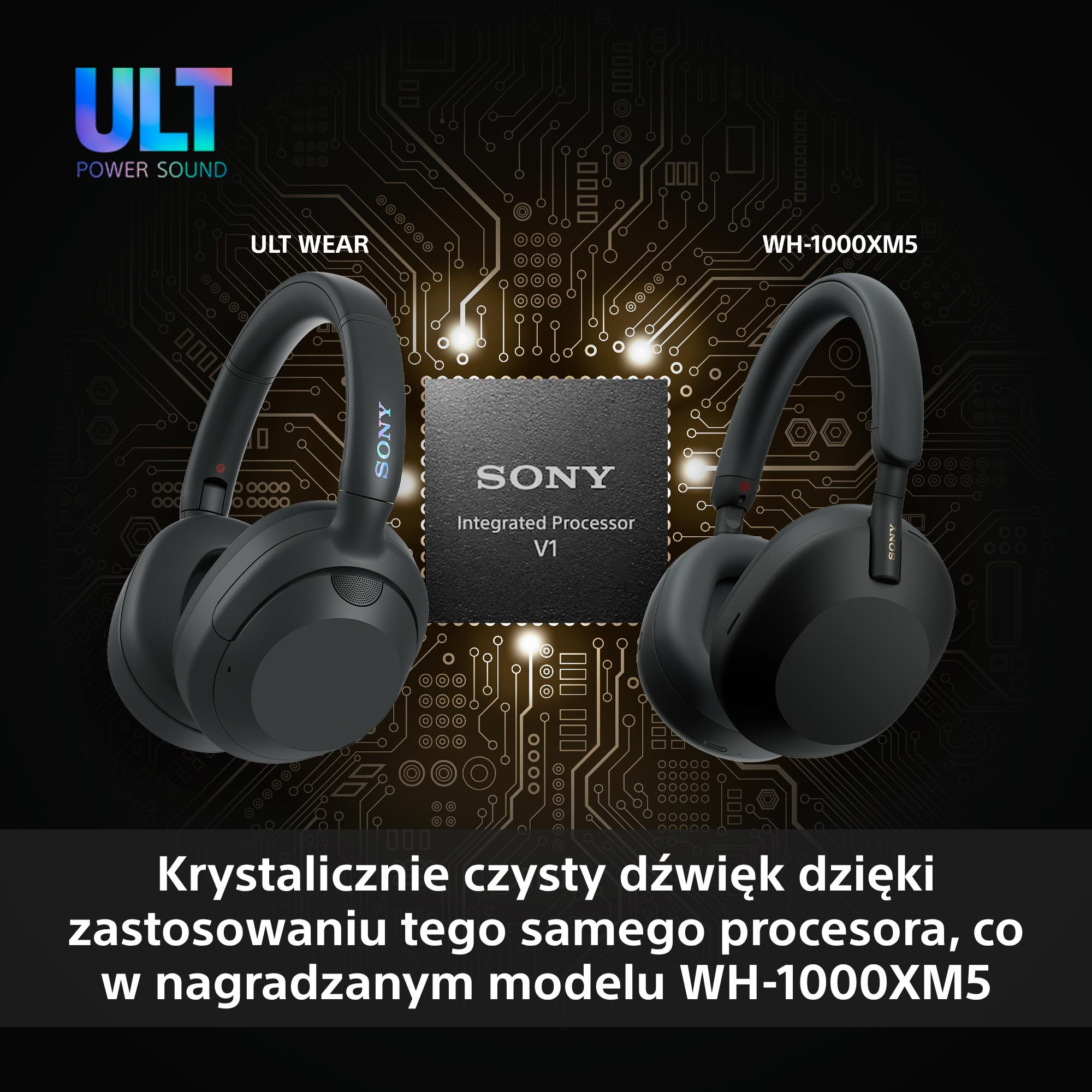 Obraz przedstawia dwa czarne słuchawki Sony z procesorem pośrodku. Tekst mówi 'ULT POWER SOUND'.