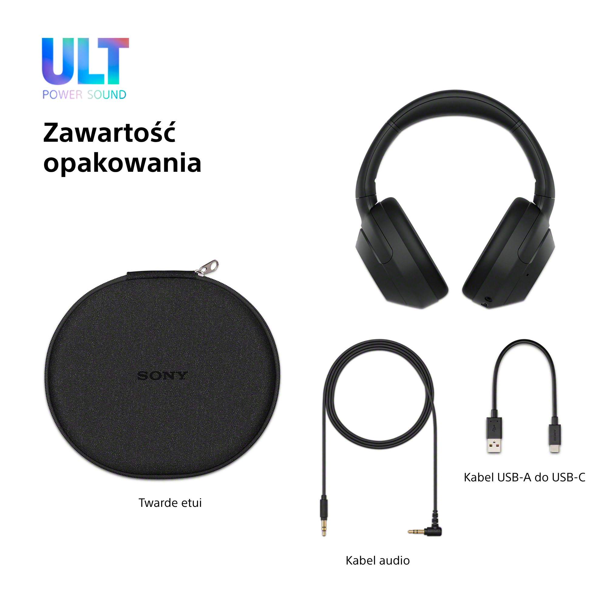 Obraz przedstawia słuchawki, etui, kabel audio i kabel USB-A do USB-C. Wszystko czarne na białym tle.