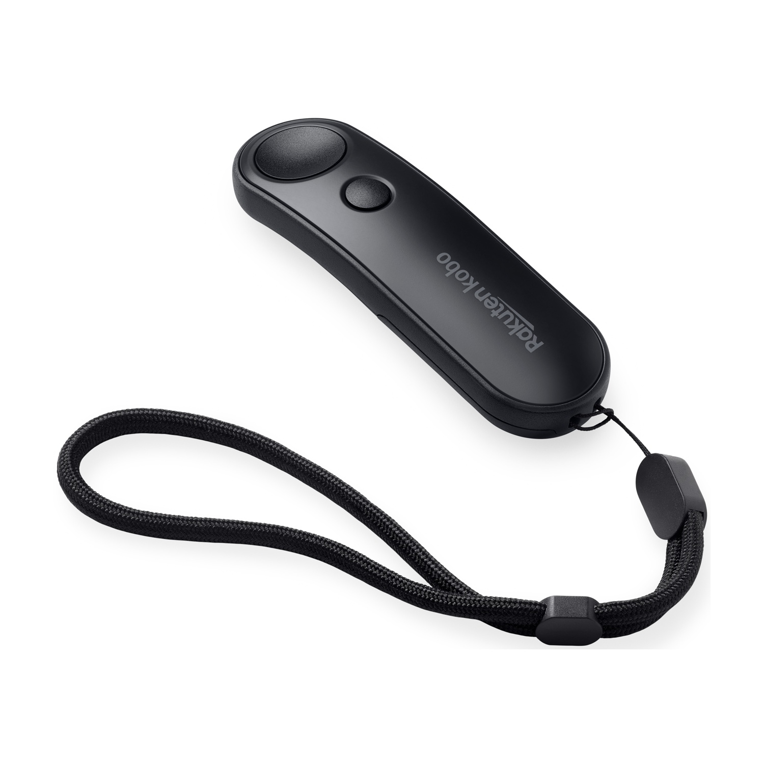 Un telecomando nero Rakuten Kobo con due pulsanti e un cinturino da polso. Lo sfondo è bianco.