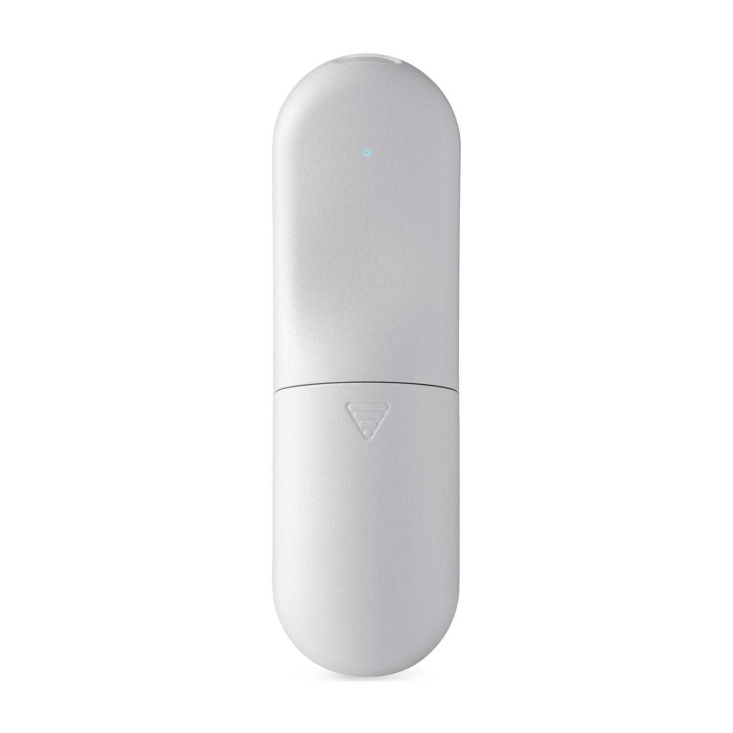 Un dispositivo bianco a forma di capsula con una luce blu in alto. Ha un design diviso con un simbolo triangolare.