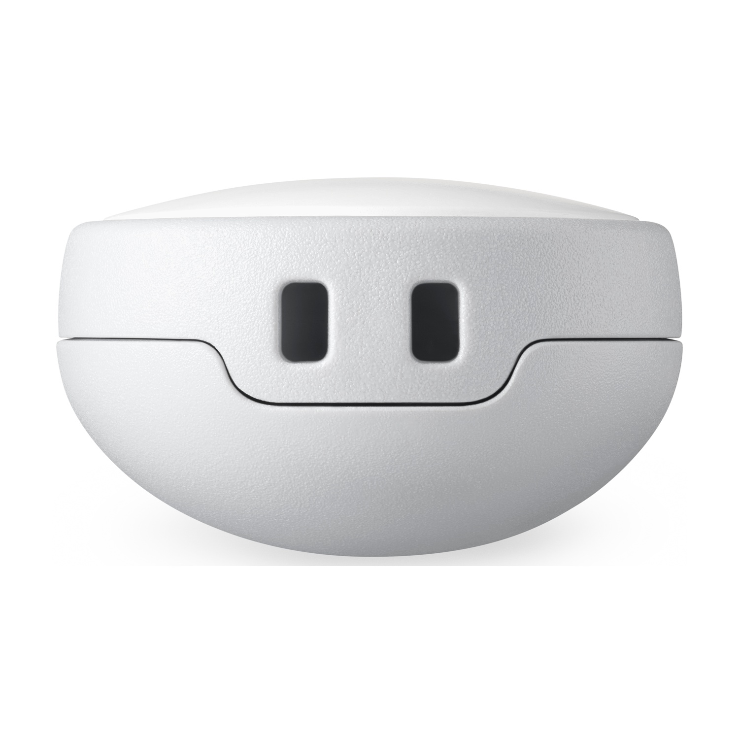 Un dispositivo bianco e arrotondato con due fori rettangolari. Il dispositivo è su uno sfondo bianco.