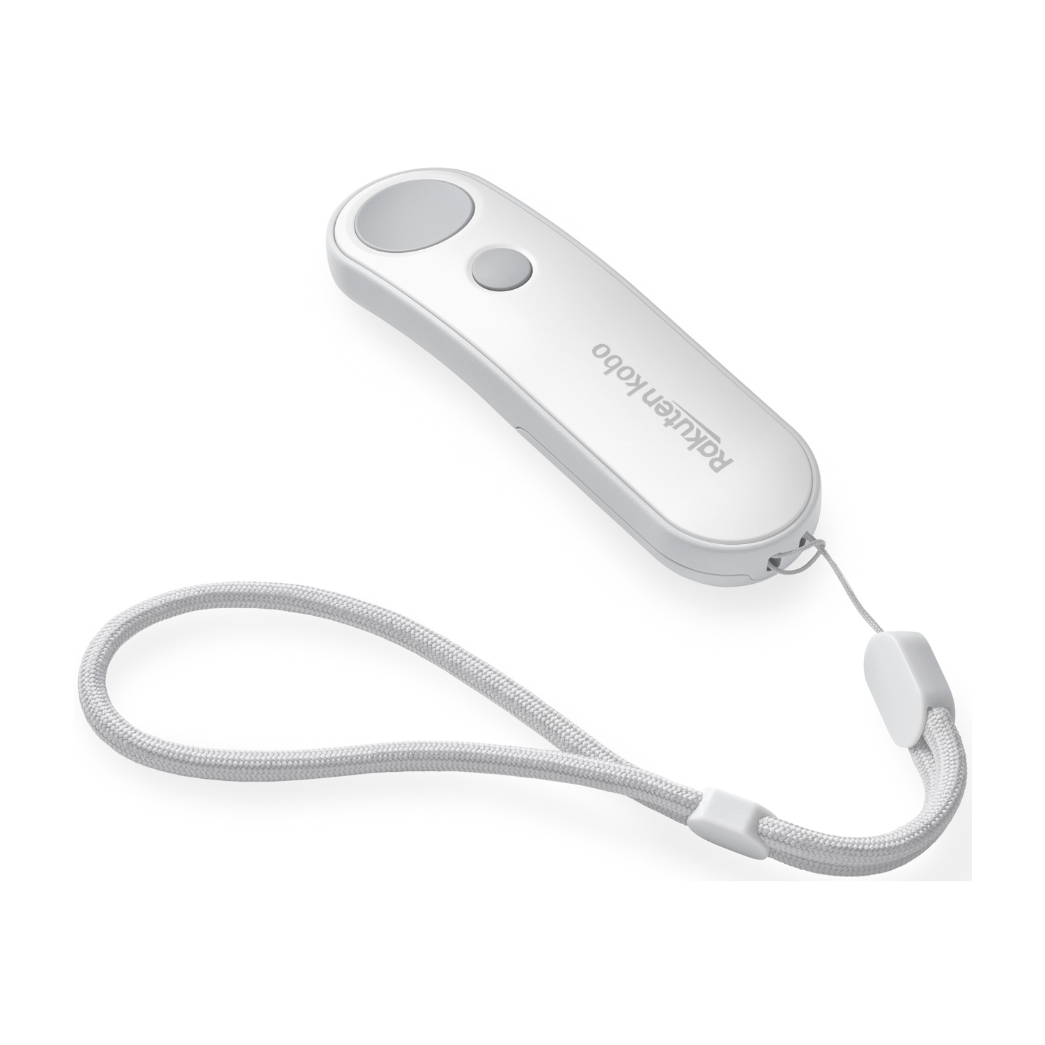 Un telecomando Rakuten Kobo bianco con due pulsanti e un cinturino da polso su sfondo bianco. Il cinturino è grigio.