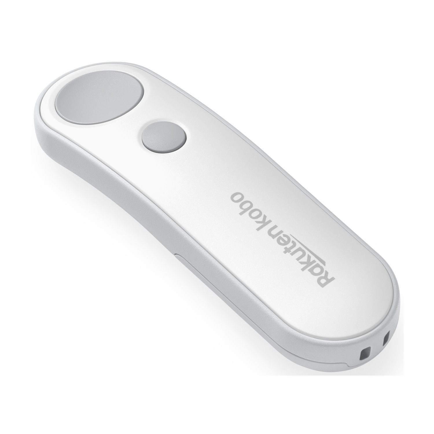 Un dispositivo Rakuten Kobo bianco e grigio. Ha due pulsanti grigi e il logo Rakuten Kobo è visibile. Il dispositivo è su una superficie bianca.