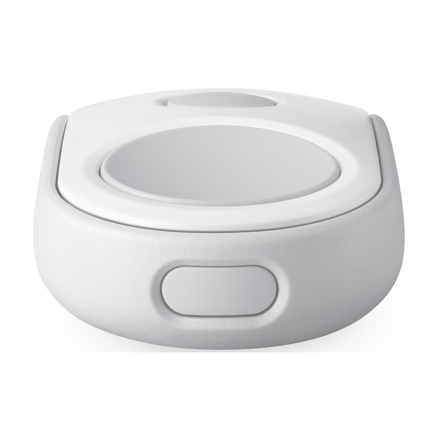Un dispositivo elettronico bianco e grigio arrotondato. Ha un centro circolare e un pulsante frontale.