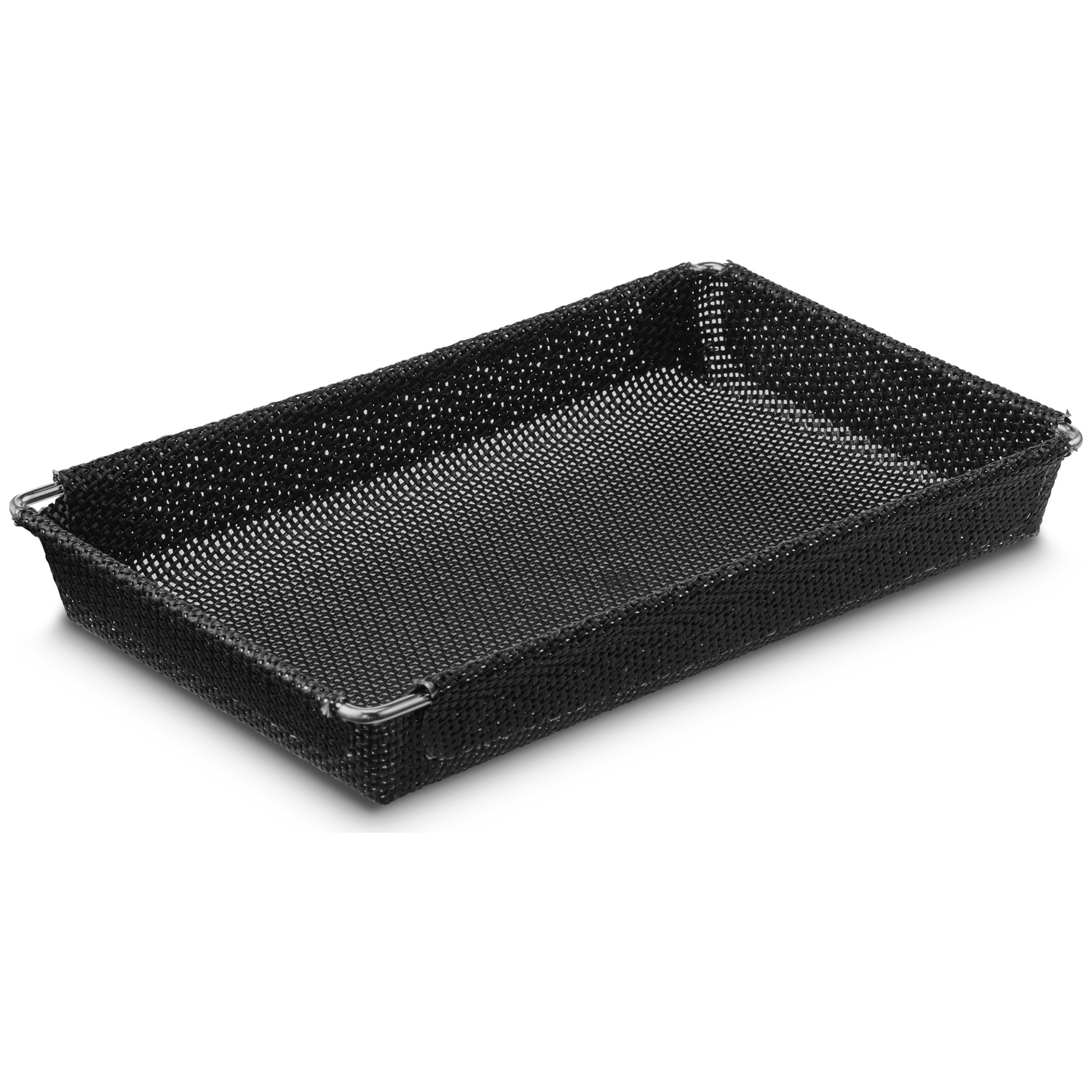A black rectangular mesh basket with metal handles. The basket is on a white background. The mesh has small holes.