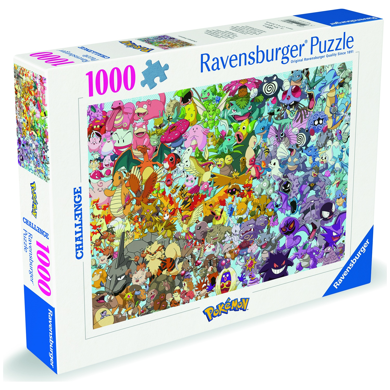 Puzzle box with a vibrant Pokemon image. It has many different Pokemon characters. The box is white with blue and pink text.