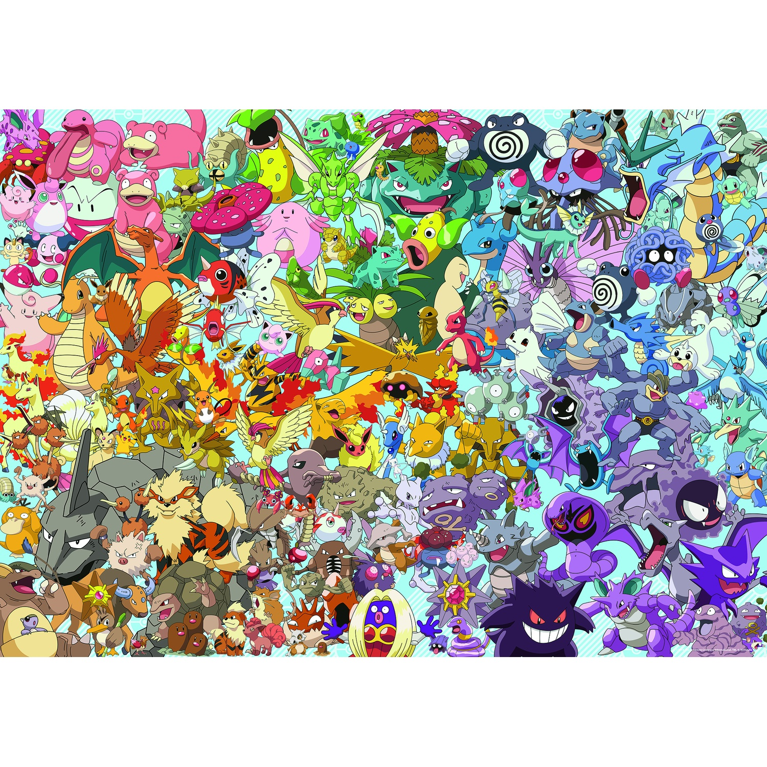 A colorful illustration featuring numerous Pokémon characters. Various types and colors fill the frame, creating a vibrant, detailed composition.