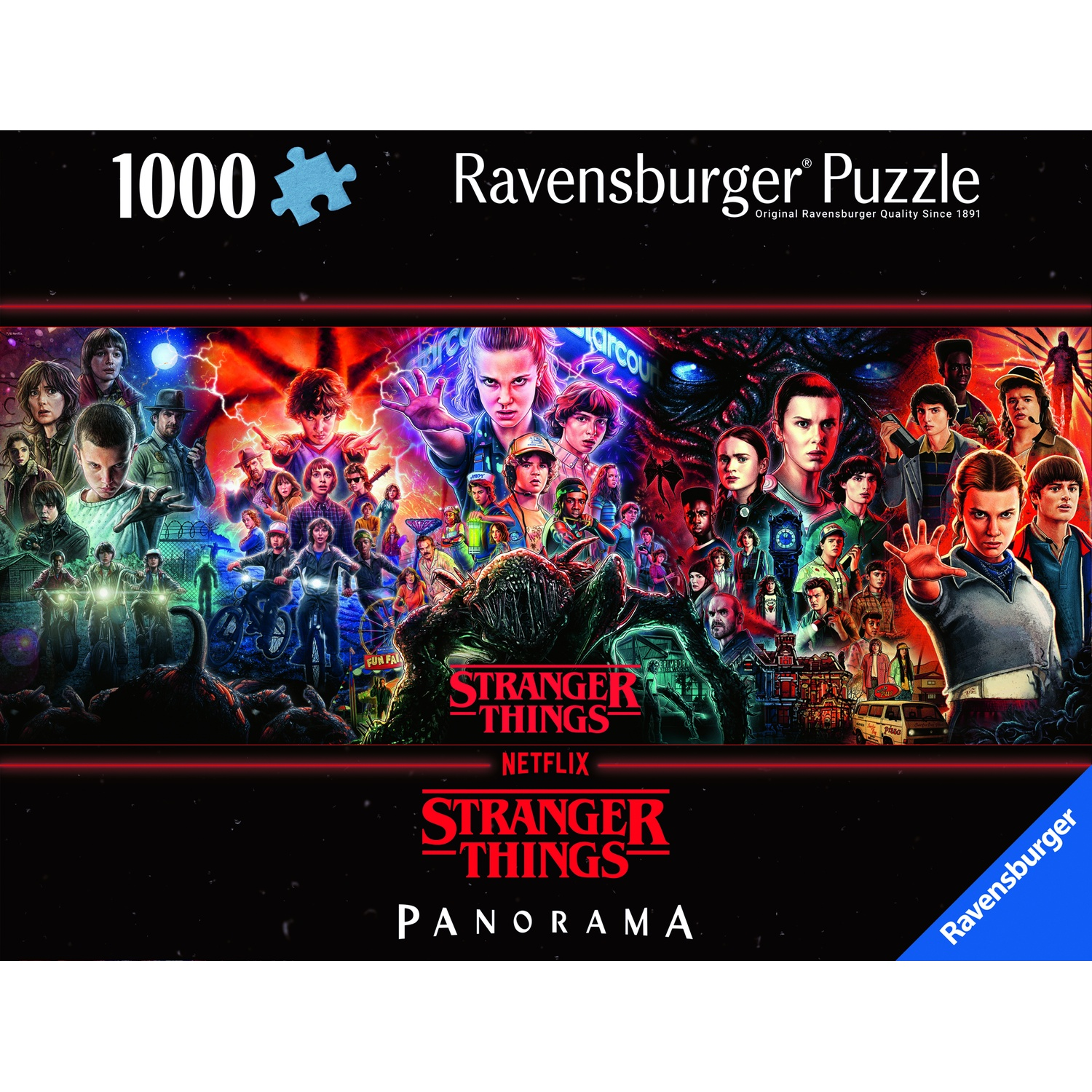 Puzzle box with Stranger Things characters. Includes the show's logo, characters, and the puzzle brand name, Ravensburger.