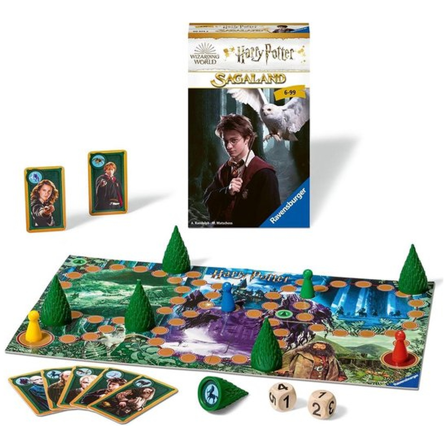 Jeu de société Harry Potter Sagaland. Comprend plateau, cartes, dés, figurines et visuel de la boîte avec Harry Potter et une chouette.