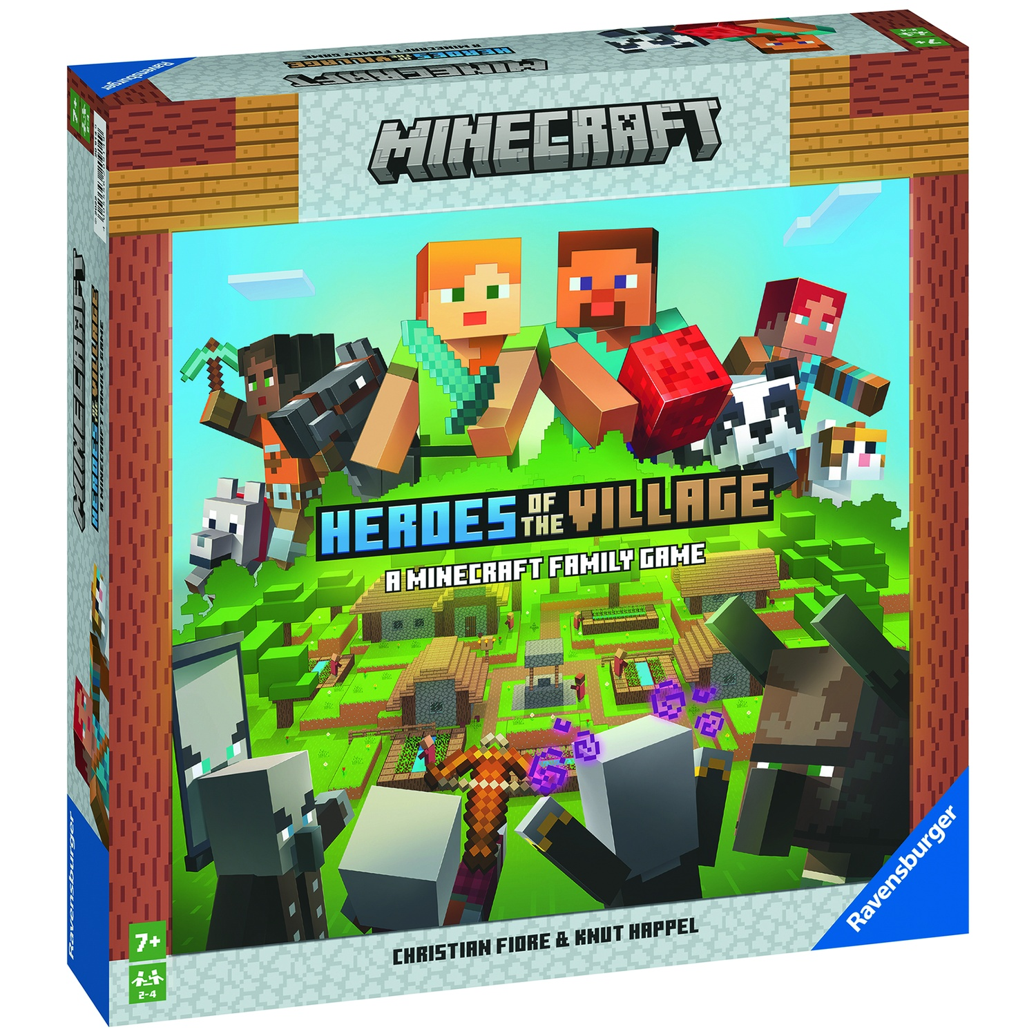Minecraft bordspelbox. Personages uit het spel zijn te zien. De titel luidt 'Heroes of the Village'. De doos toont een dorpsscène.