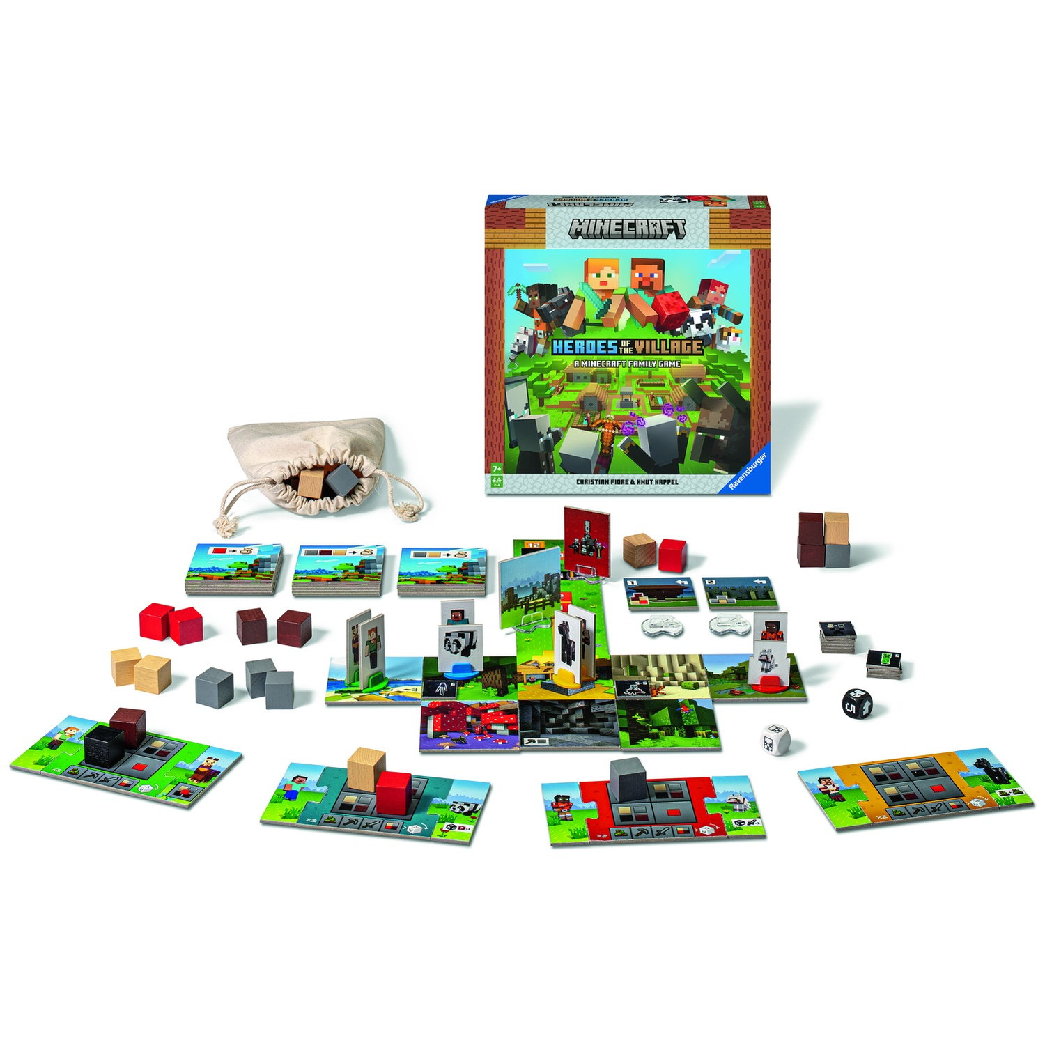 Minecraft bordspel set. Doos, kaarten, dobbelstenen, houten blokken en spelborden gerangschikt op een wit oppervlak. De doos zegt 'Heroes of the Village'.