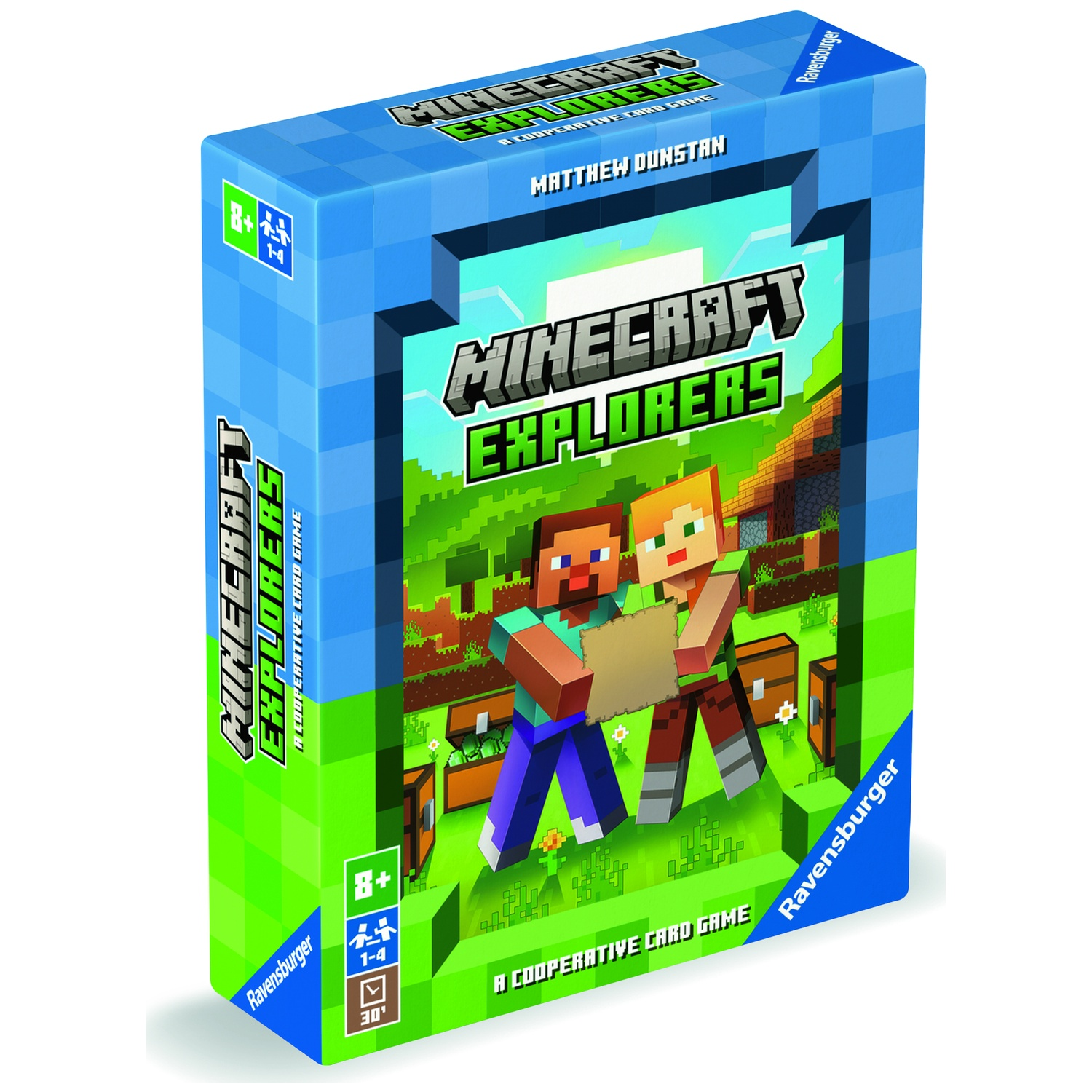 Minecraft Explorers card game box. Features two pixelated characters holding a map in front of a Minecraft landscape.