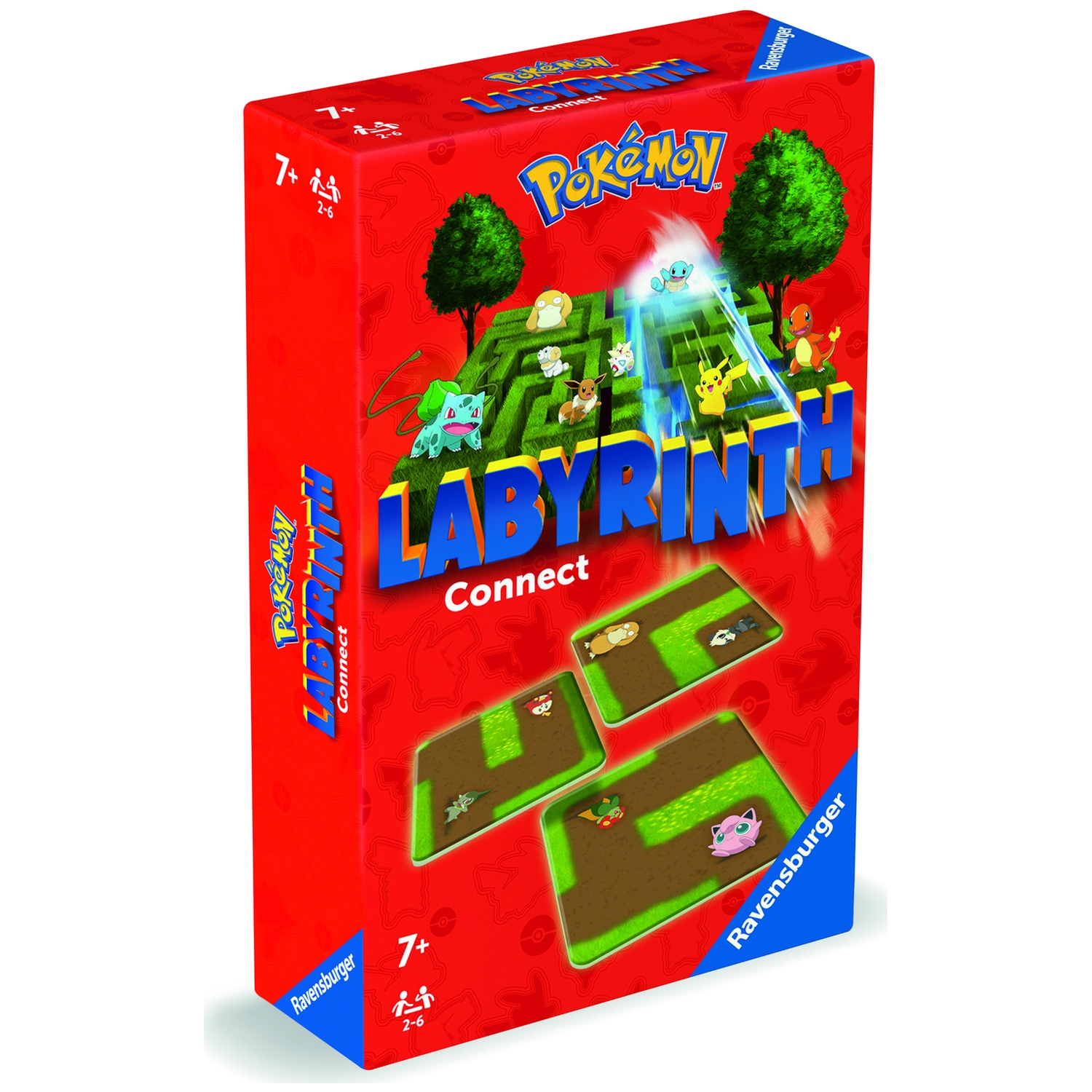 A red Pokemon Labyrinth game box. It shows the game's name, characters, and a maze. Includes the Ravensburger logo and age range.