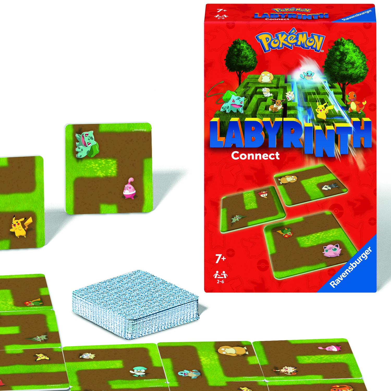 The image shows a Pokémon Labyrinth board game box and game pieces. The box is red and features Pokemon characters and a maze.