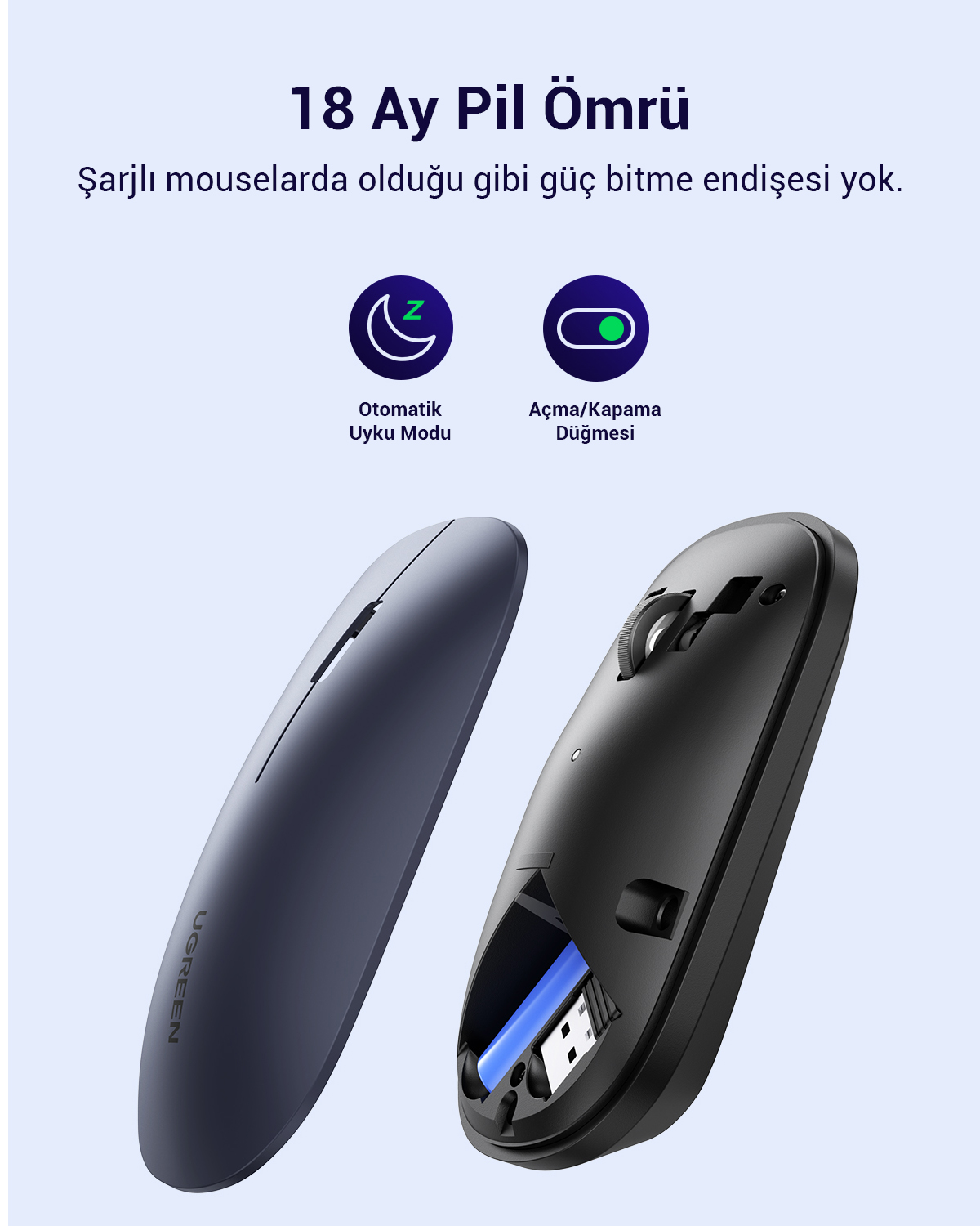 Görüntü, iki kablosuz bilgisayar faresini gösteriyor. Biri mavi, diğeri siyah, pil bölmesi açık. Metin 18 aylık pil ömründen bahsediyor.