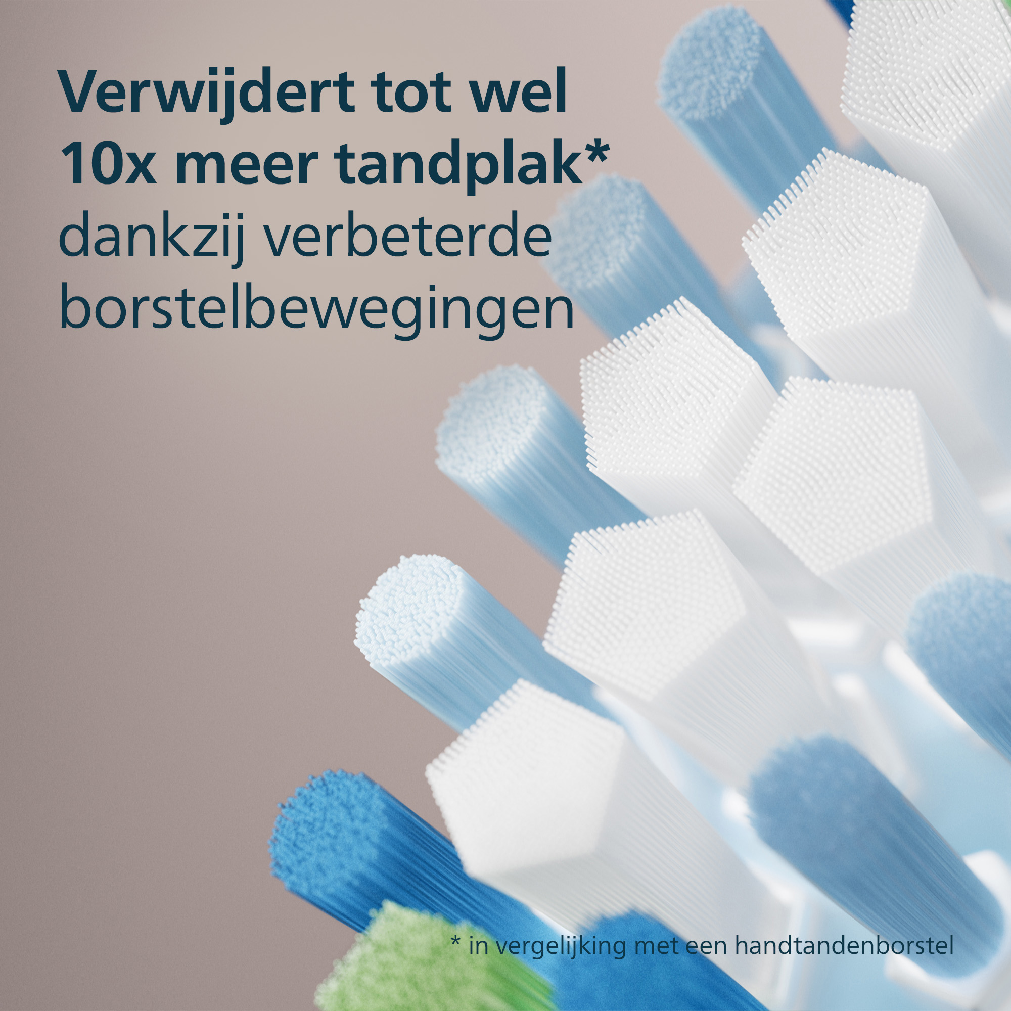 Close-up of toothbrush bristles, white, blue, and green, with text emphasizing plaque removal.
