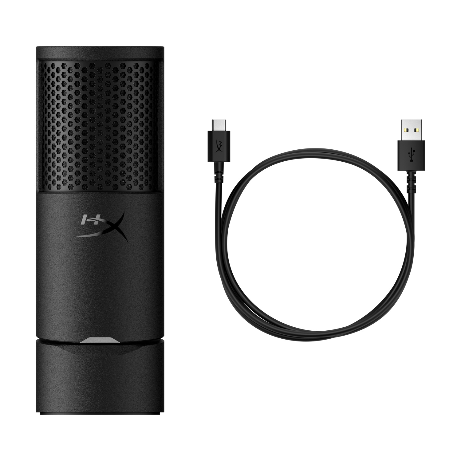 Microfono HyperX nero con cavo USB-C. Il microfono ha una parte superiore in mesh. Il cavo ha connettori USB-C e USB-A.