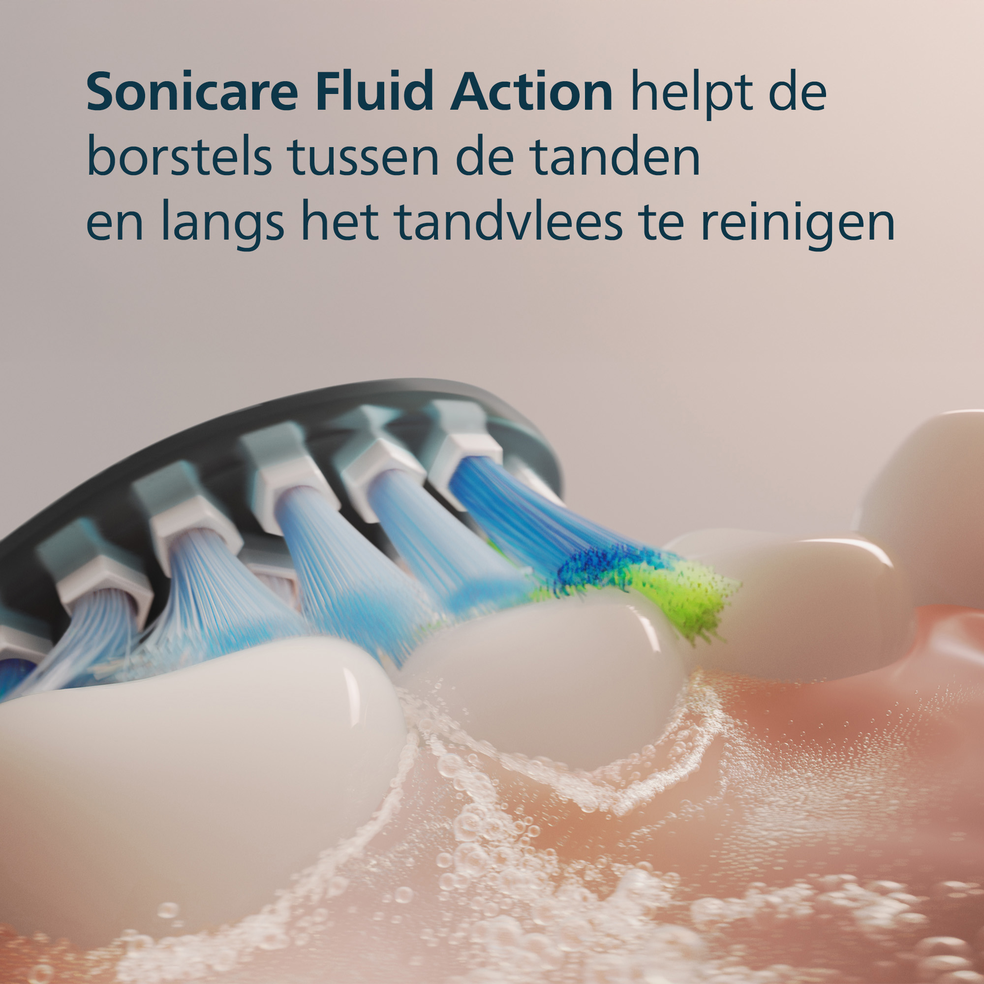 Electric toothbrush cleaning teeth. Blue and green bristles, water bubbles, close-up shot.