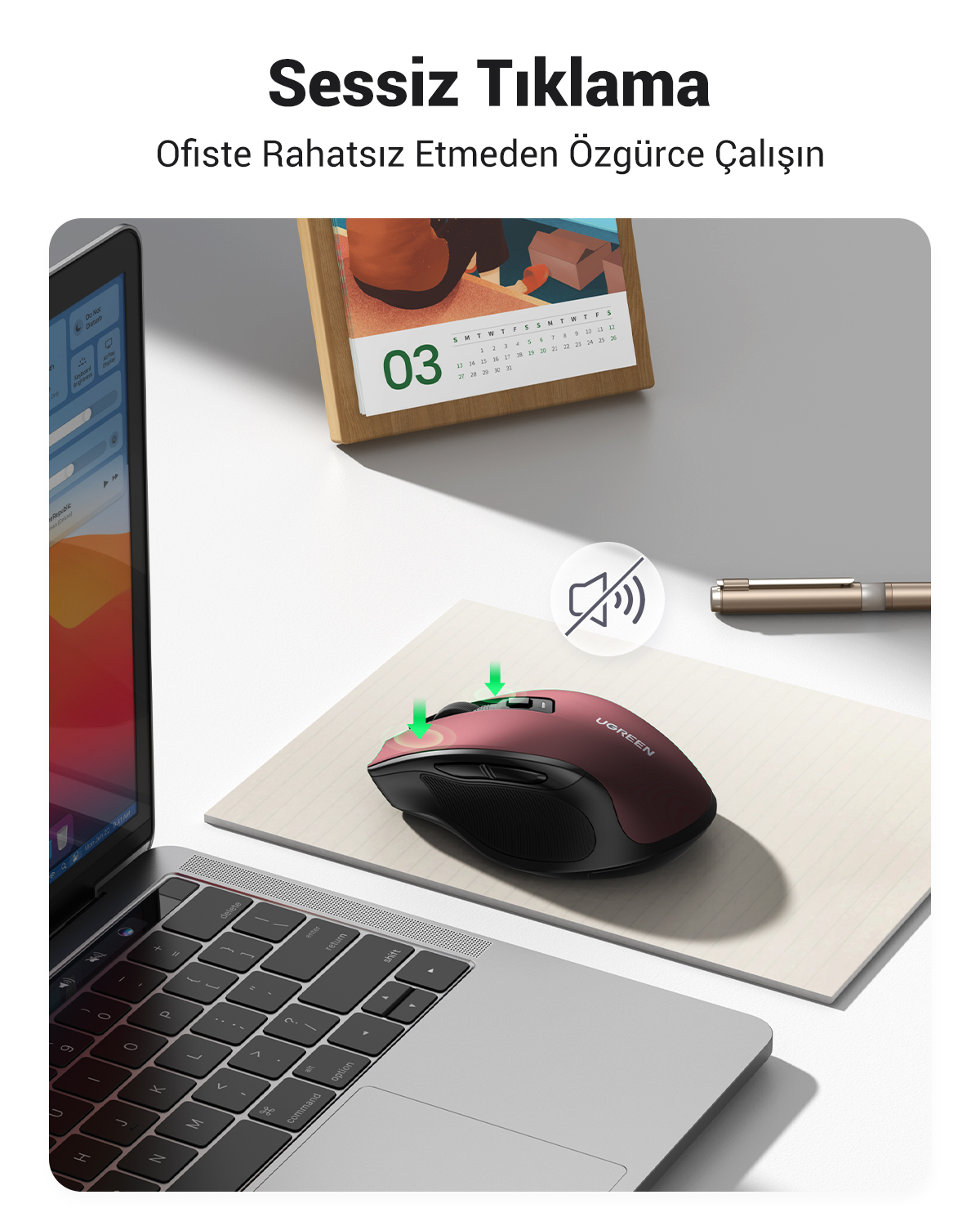 Bir dizüstü bilgisayar ve bir fare. Takvimde tarih 03 gösteriliyor. Fare kırmızı ve UGREEN logosu var.