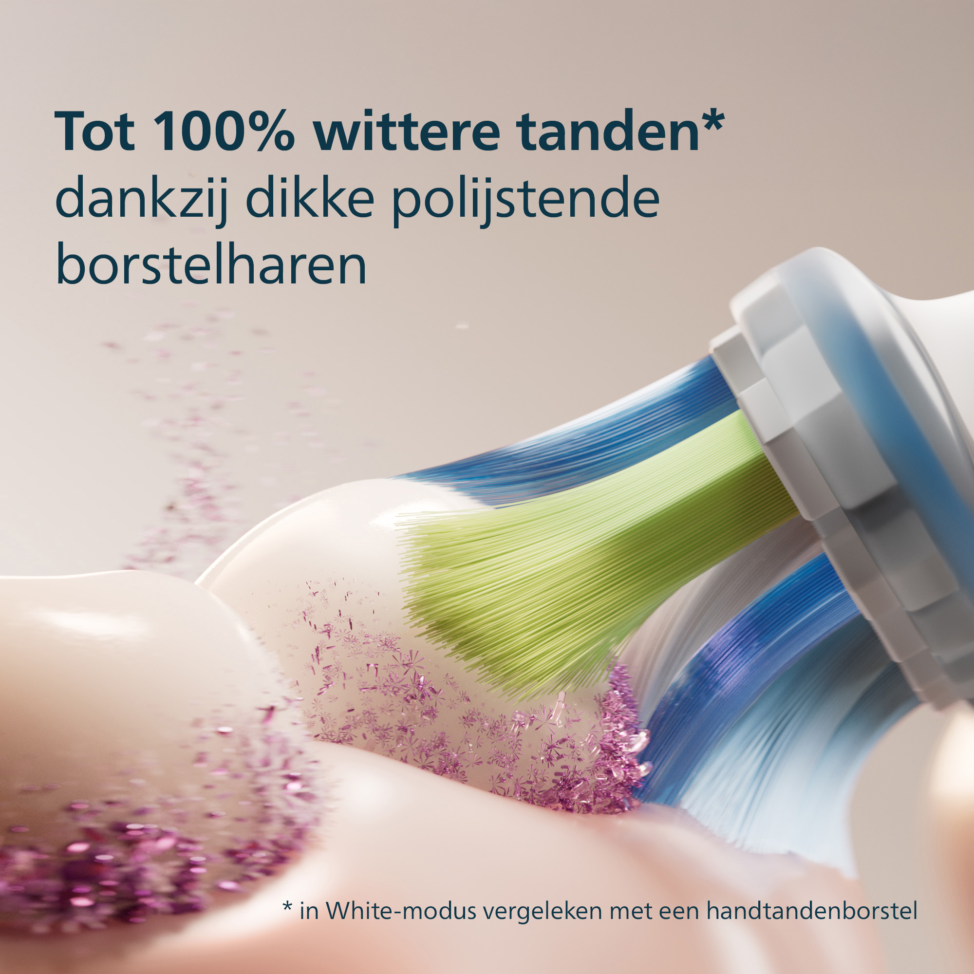 Close-up of a toothbrush with green and blue bristles, toothpaste, and text promoting whiter teeth.