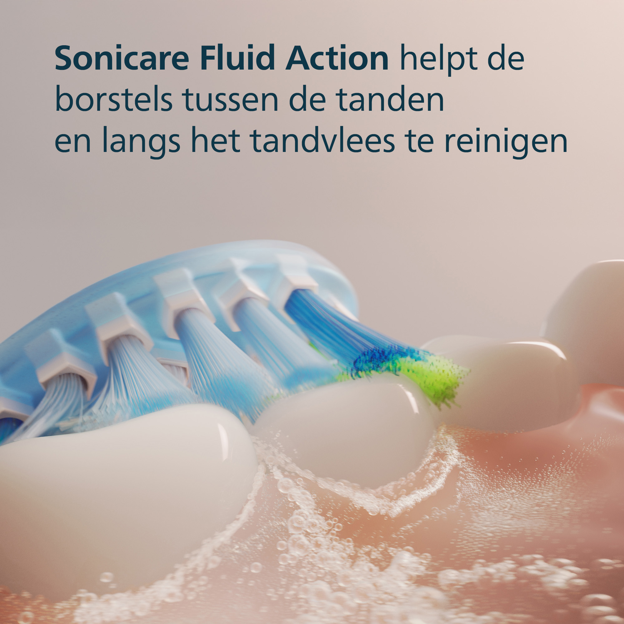 A toothbrush cleans teeth, showing blue bristles, white teeth, and bubbles. Text says Sonicare Fluid Action.