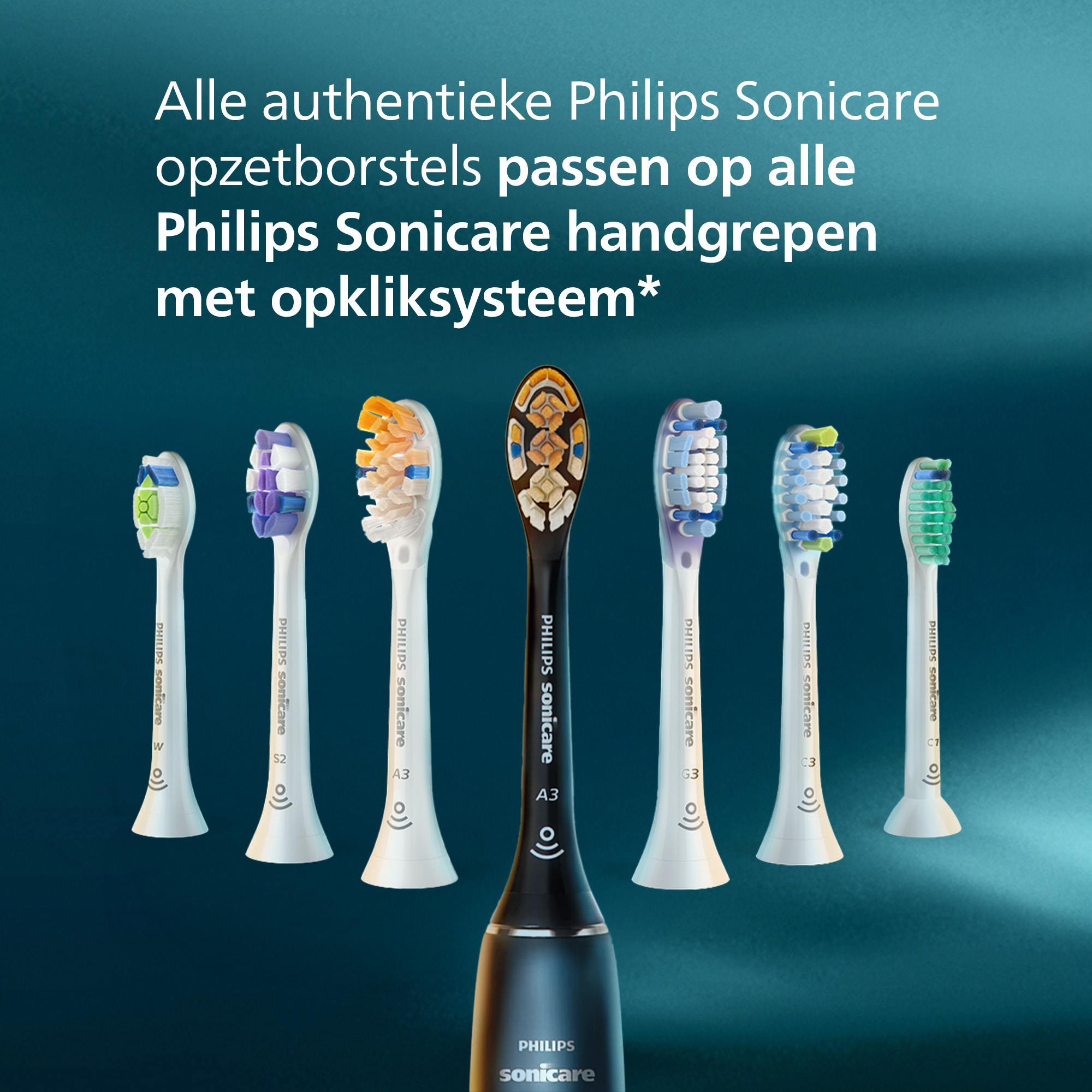 Image shows Philips Sonicare toothbrush heads of different colors and shapes.