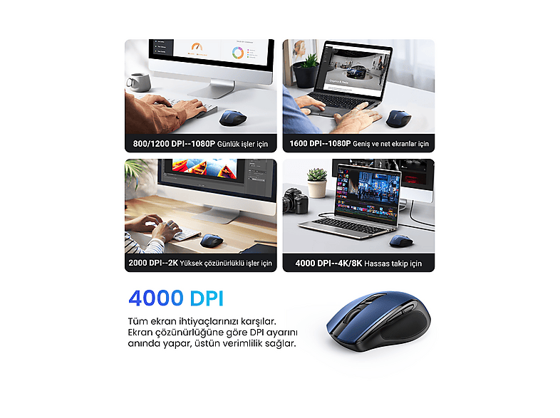 UGREEN 4.000 DPI Ergonomik Sessiz Kablosuz Optik Mouse Mavi, 15064