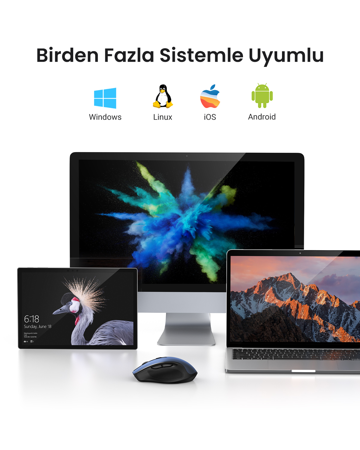 Görüntüde birden fazla cihaz gösteriliyor: masaüstü, tablet ve dizüstü bilgisayar. Cihazların üzerinde Windows, Linux, iOS ve Android logoları var.