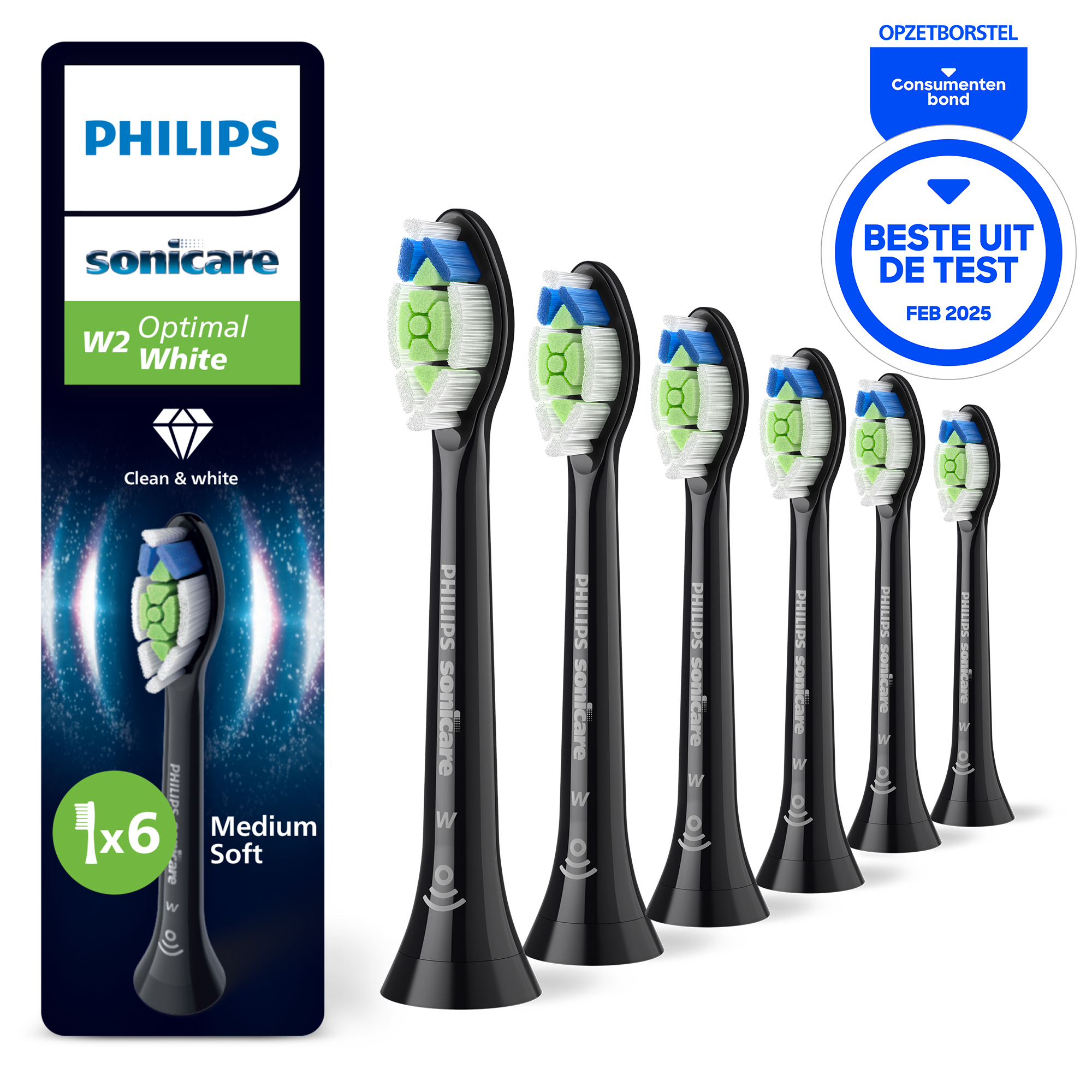 Image shows Philips Sonicare toothbrush heads. The heads are black with green, blue, and white bristles. A white background.