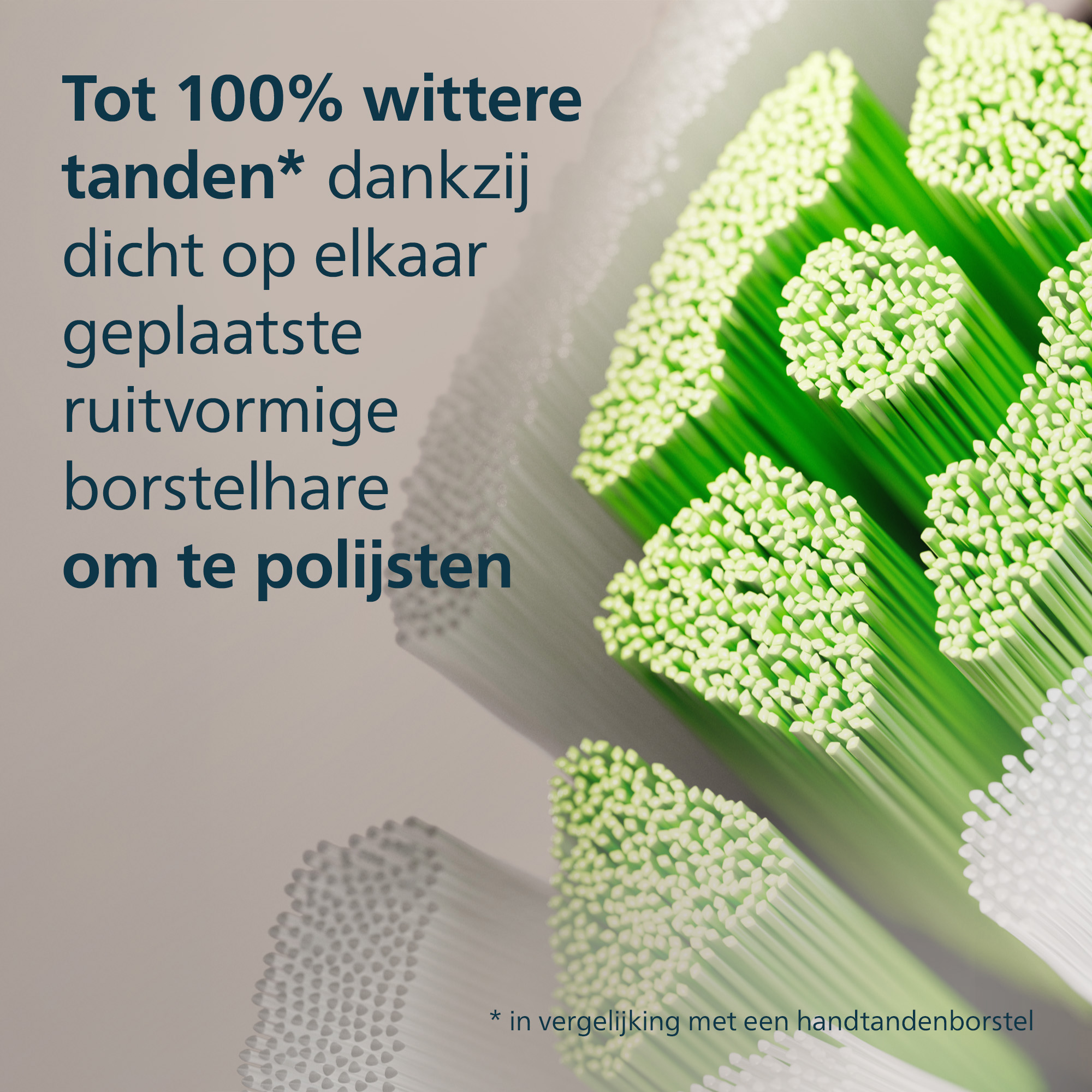 Close-up of a toothbrush head with green bristles. Text: Up to 100% whiter teeth. Details of the brush are in the image.