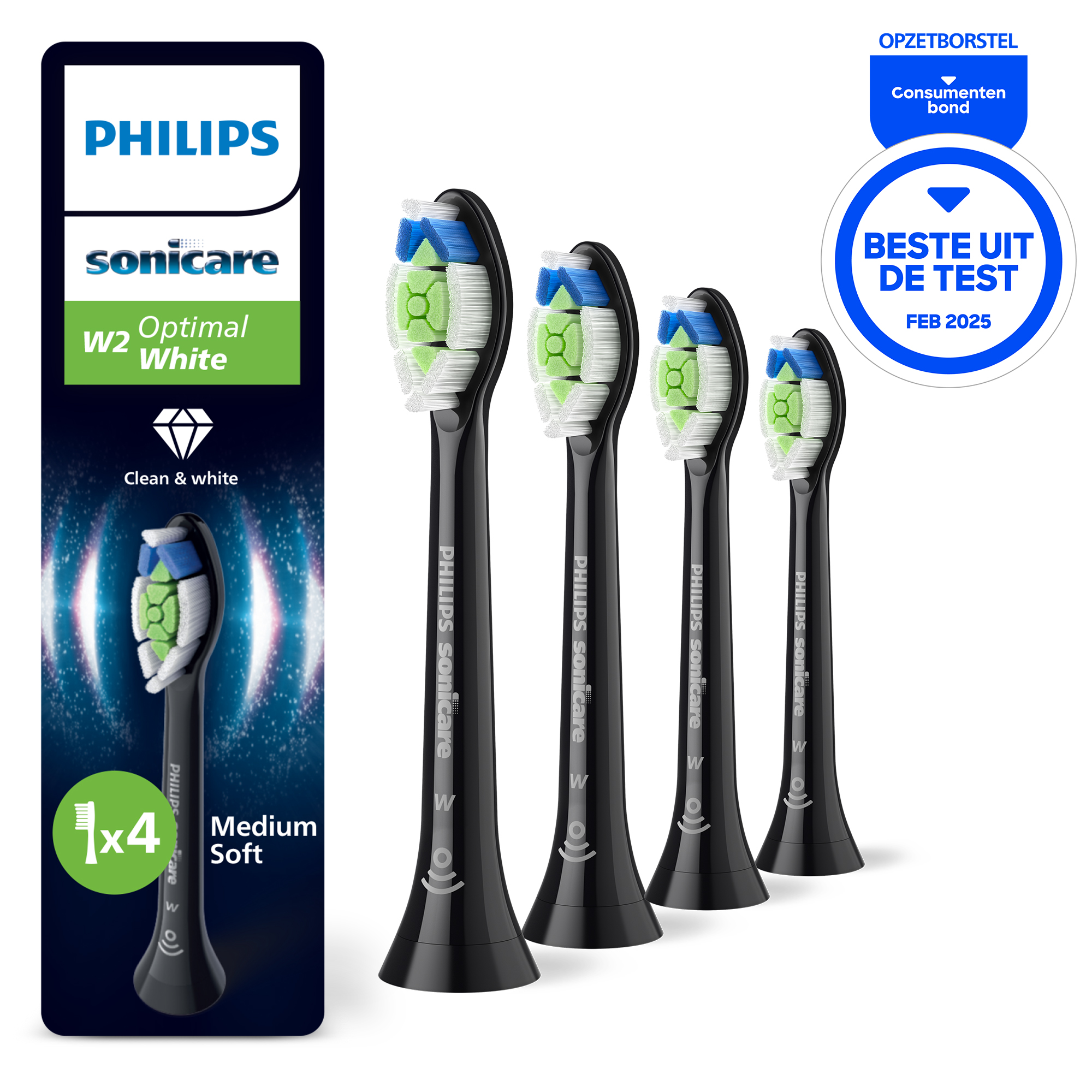 Image shows Philips Sonicare toothbrush heads. Black handles with white, green, and blue bristles. Packaging and awards are also visible.
