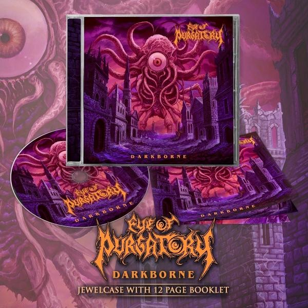 CD von "Eye of Purgatory: Darkborne". Zeigt ein augenartiges Monster über einer Stadt. Lila und orange Farbschema.