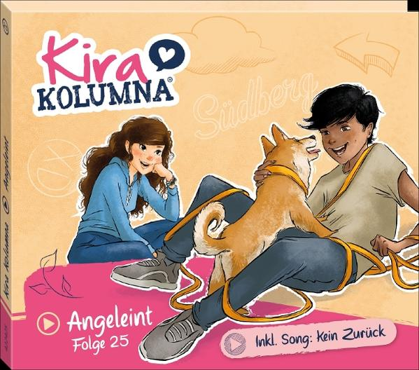 Illustration zeigt zwei Teenager mit einem Hund. Das Mädchen trägt Blau, der Junge Beige. Der Hund ist hellbraun. Text sagt 'Kira Kolumna'.