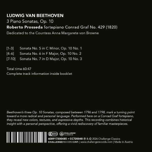 Albumcover: Ludwig van Beethovens Klaviersonaten, Op. 10. Enthält Titelliste, Künstler und eine kurze Beschreibung.