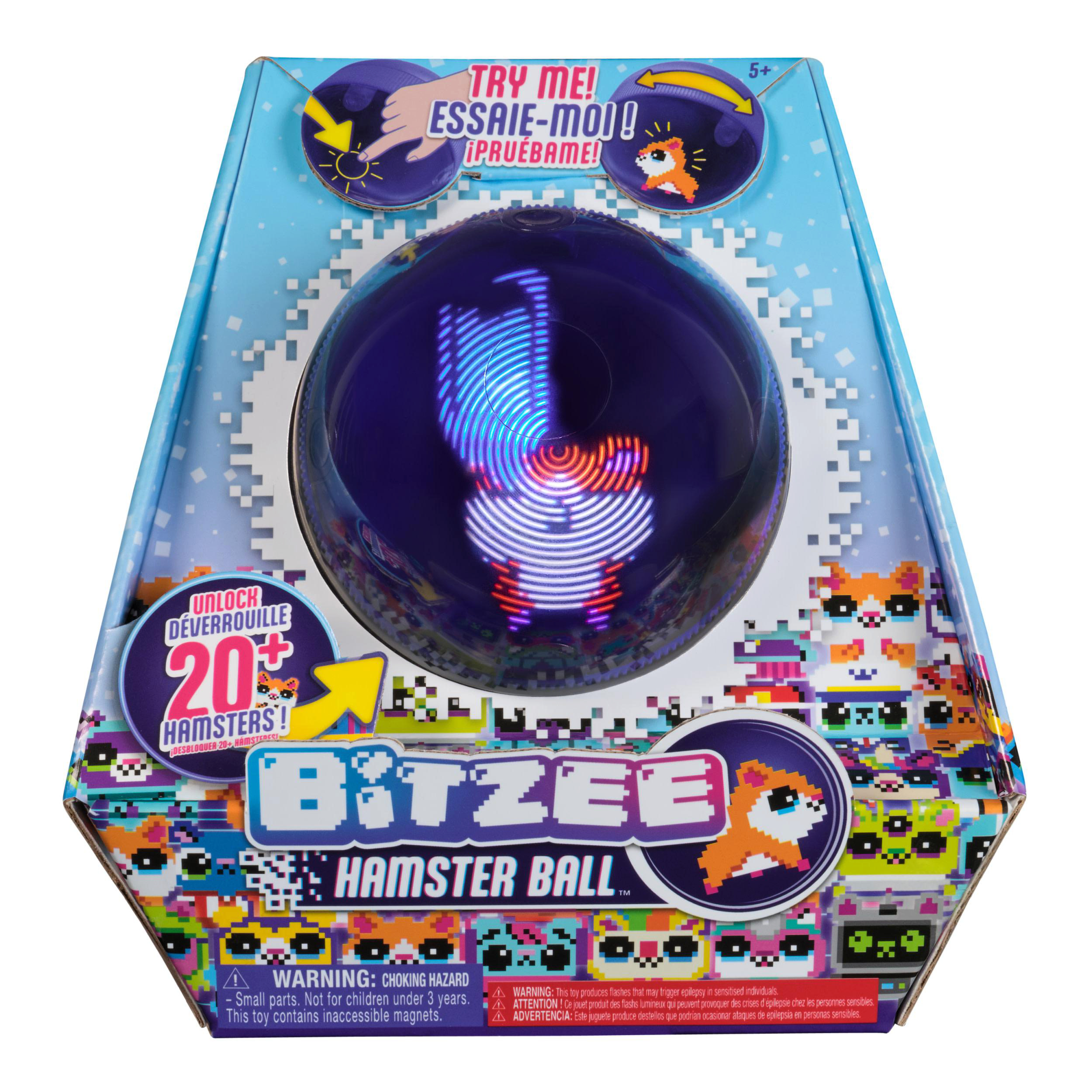 Schachtel mit Bitzee Hamster Ball Spielzeug. Es hat einen lila Ball mit Lichtern. Text: Try me, Unlock 20+ Hamsters, Warnung.
