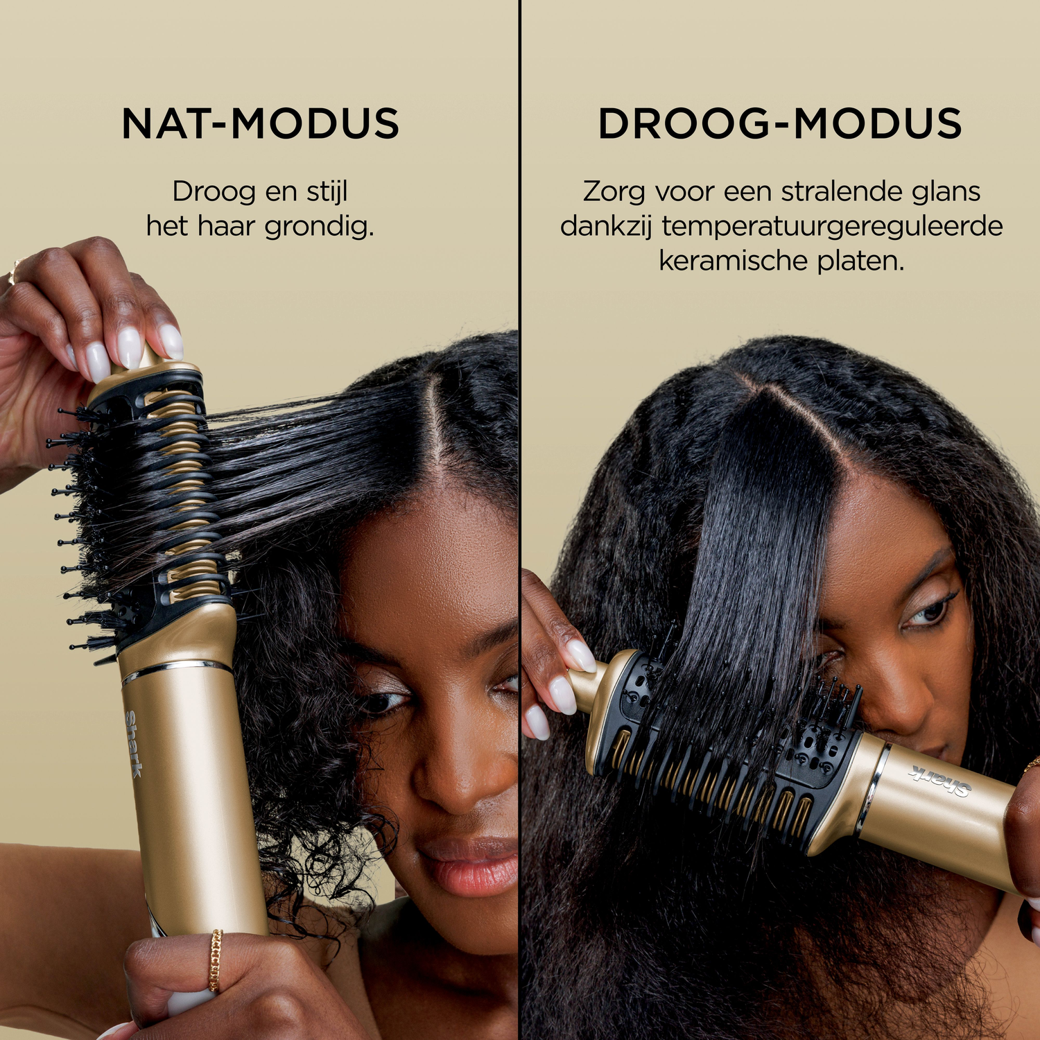 Afbeelding toont twee vrouwen die een gouden haarstylingtool gebruiken. Eén kant toont nat haar dat wordt gestyled, de andere droog, steil haar.