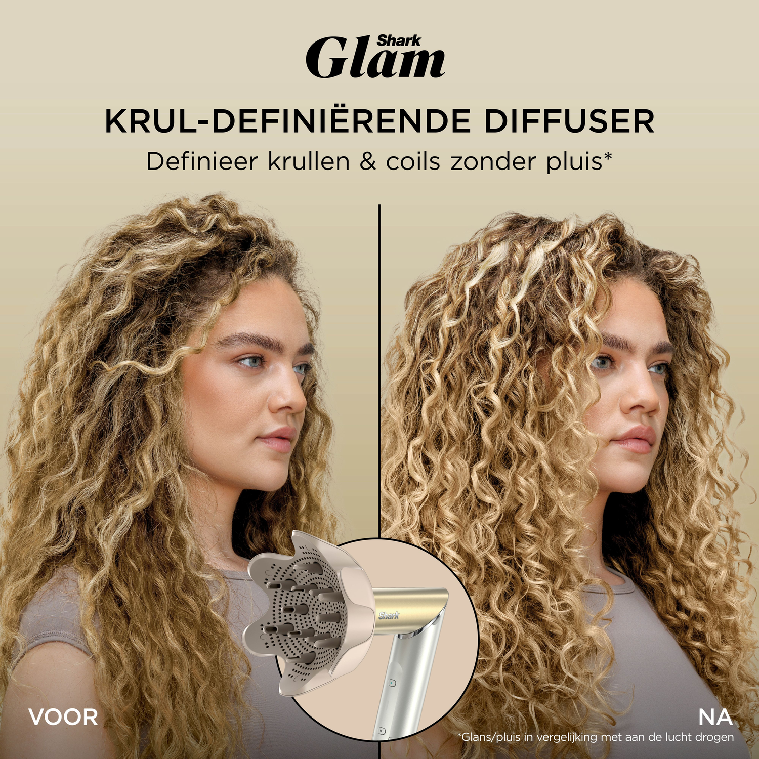 Afbeelding toont krullend haar voor en na gebruik van een diffuser. Een diffuser staat op de voorgrond. Tekst promoot kruldefinitie zonder pluis.