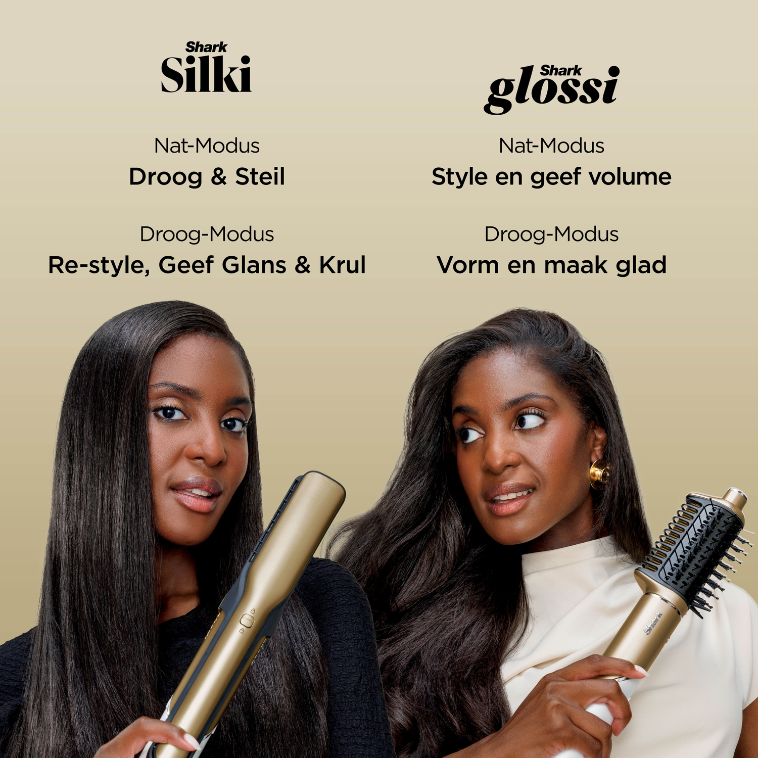 Twee vrouwen met lang haar, die Shark haarstylingtools vasthouden. Tekst beschrijft stylingmodi. Silki-stijltang en glossi-borstel worden getoond.