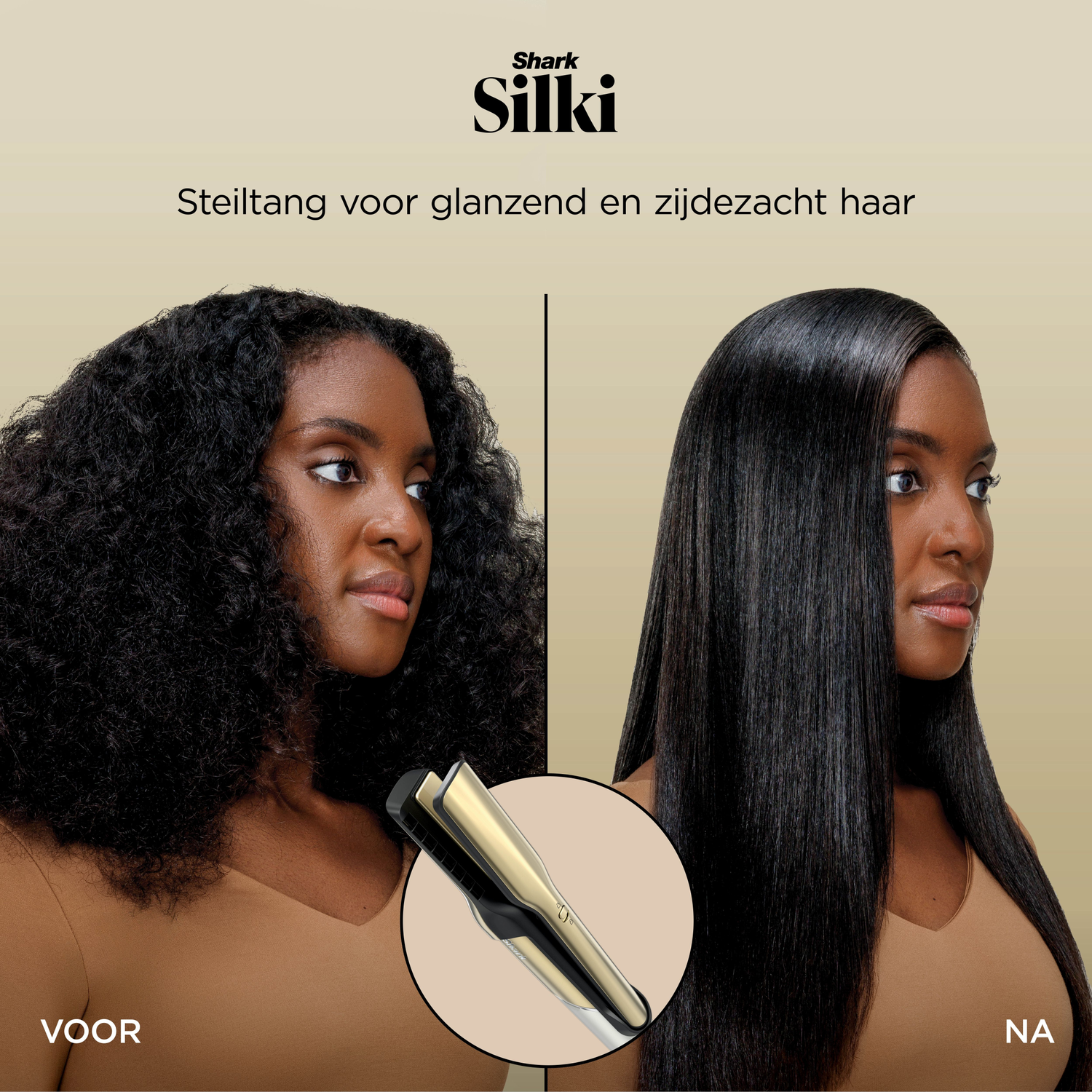 Afbeelding toont voor en na gebruik van een stijltang. Links: krullend haar. Rechts: steil, glanzend haar. Stijltang in cirkel.