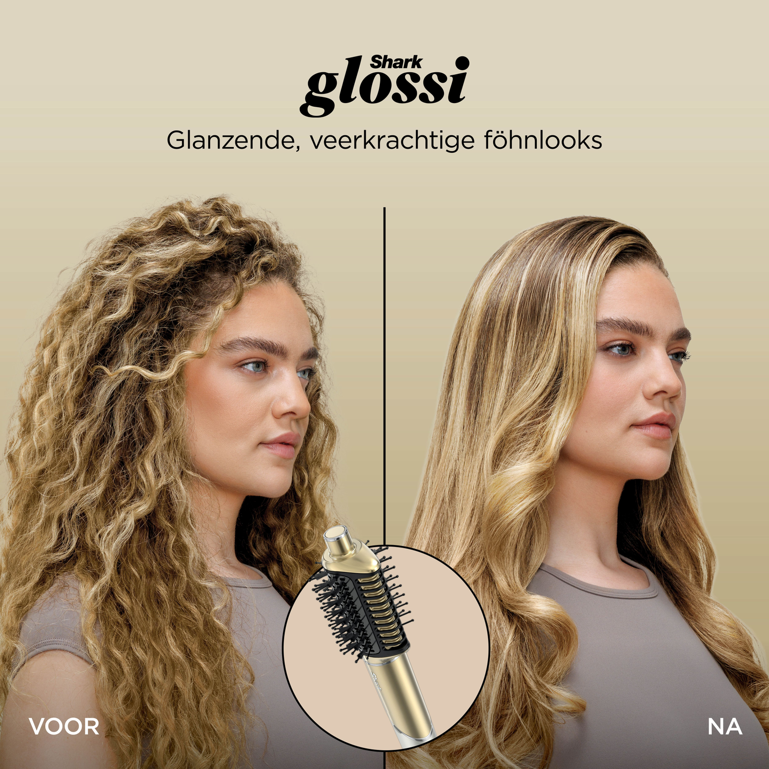Afbeelding toont twee vrouwen met verschillende kapsels, een voor en na het gebruik van een haarstylingtool. Een tool is in het midden te zien.