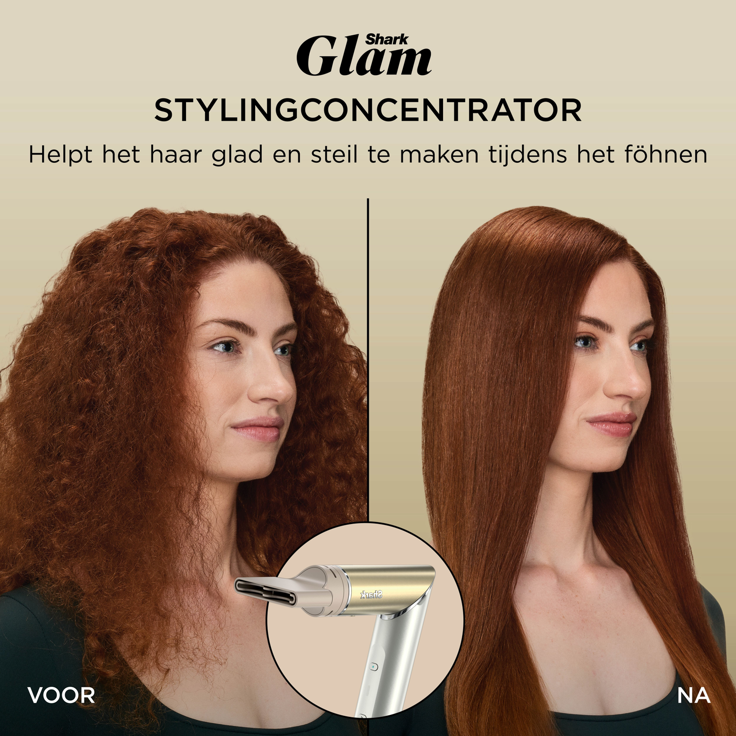 De afbeelding toont een vrouw met kroeshaar ervoor, en glad, steil haar erna, na gebruik van een stylingconcentrator. Een haardroger wordt getoond.