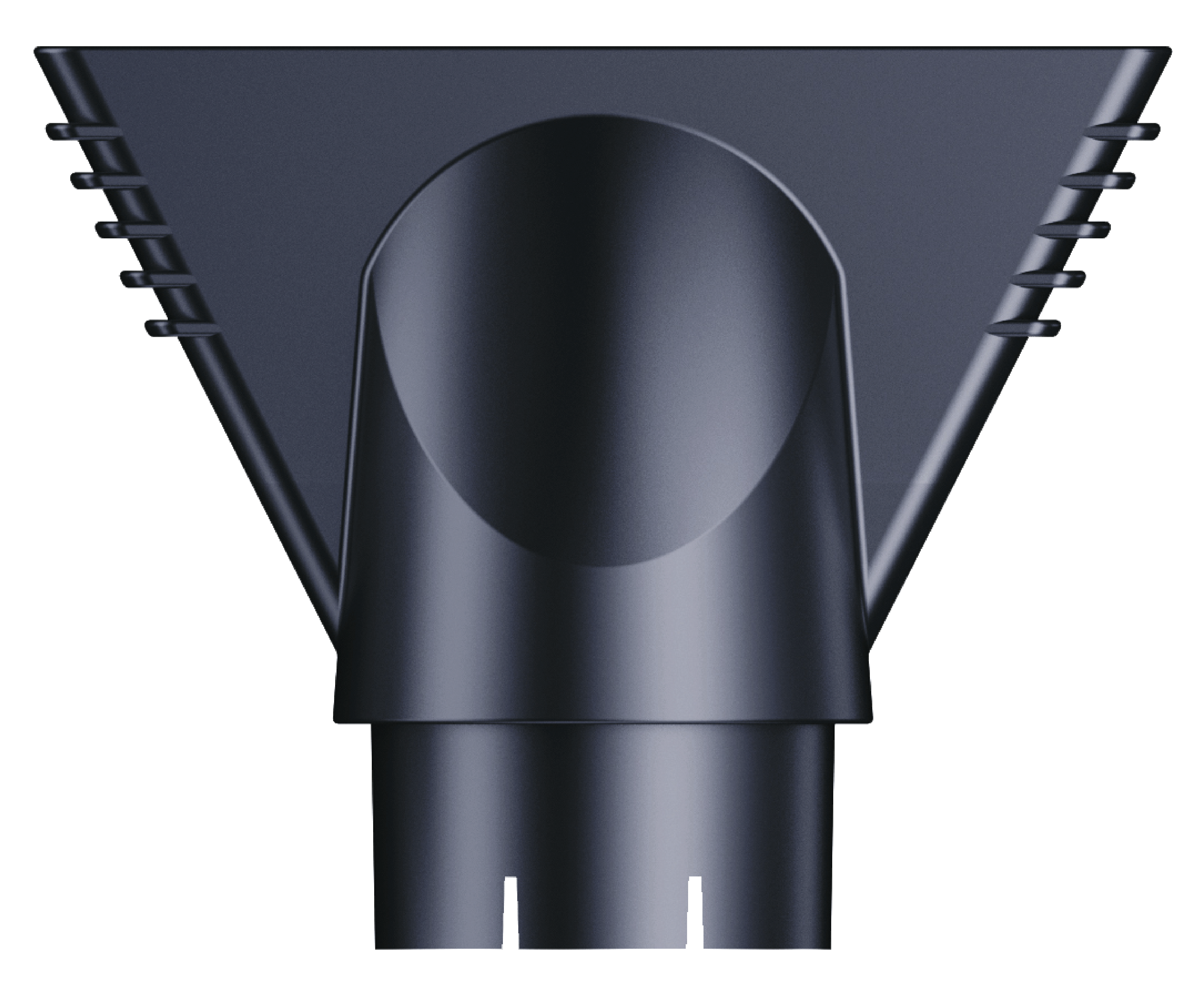 Czarny nasadka do suszarki do włosów z szerokim, płaskim wierzchem i zaokrągloną dyszą. Posiada elegancki, nowoczesny design.