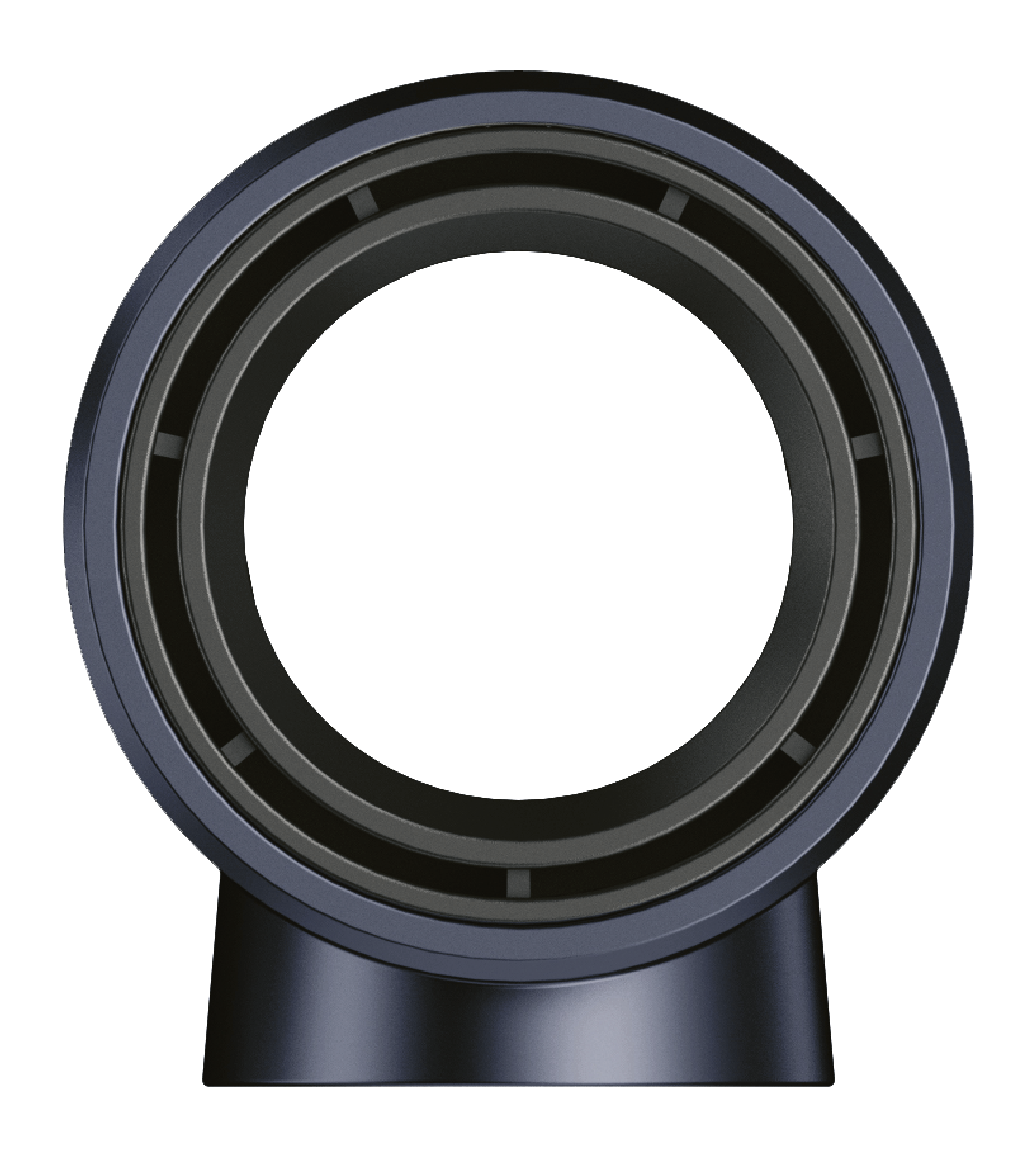 Ciemnoniebieski wentylator bezłopatkowy o okrągłym kształcie, z podstawą i otworem w kształcie pierścienia.